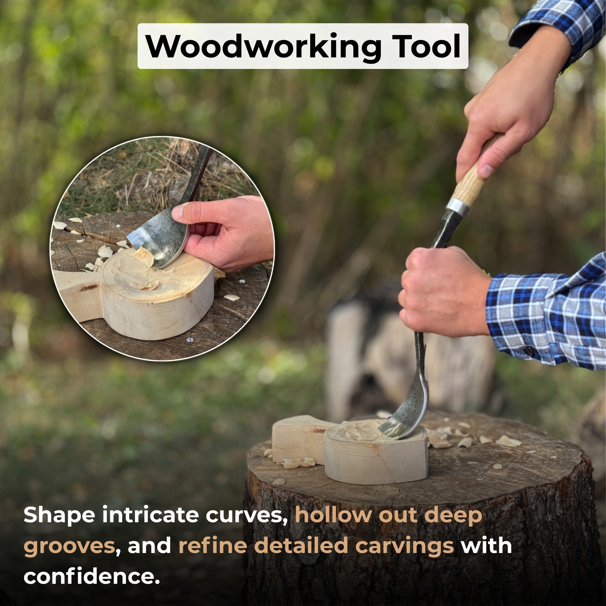Hand-forged Spoon Bent Gouge woodworking tool with ash wood handle and carbon steel blade