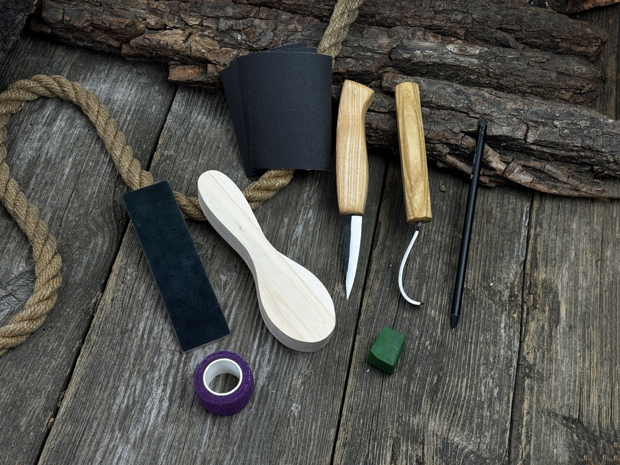 Spoon Carving for Beginners DIY Whittling Kit with knives, wooden blank, sandpaper, and sharpening tools
