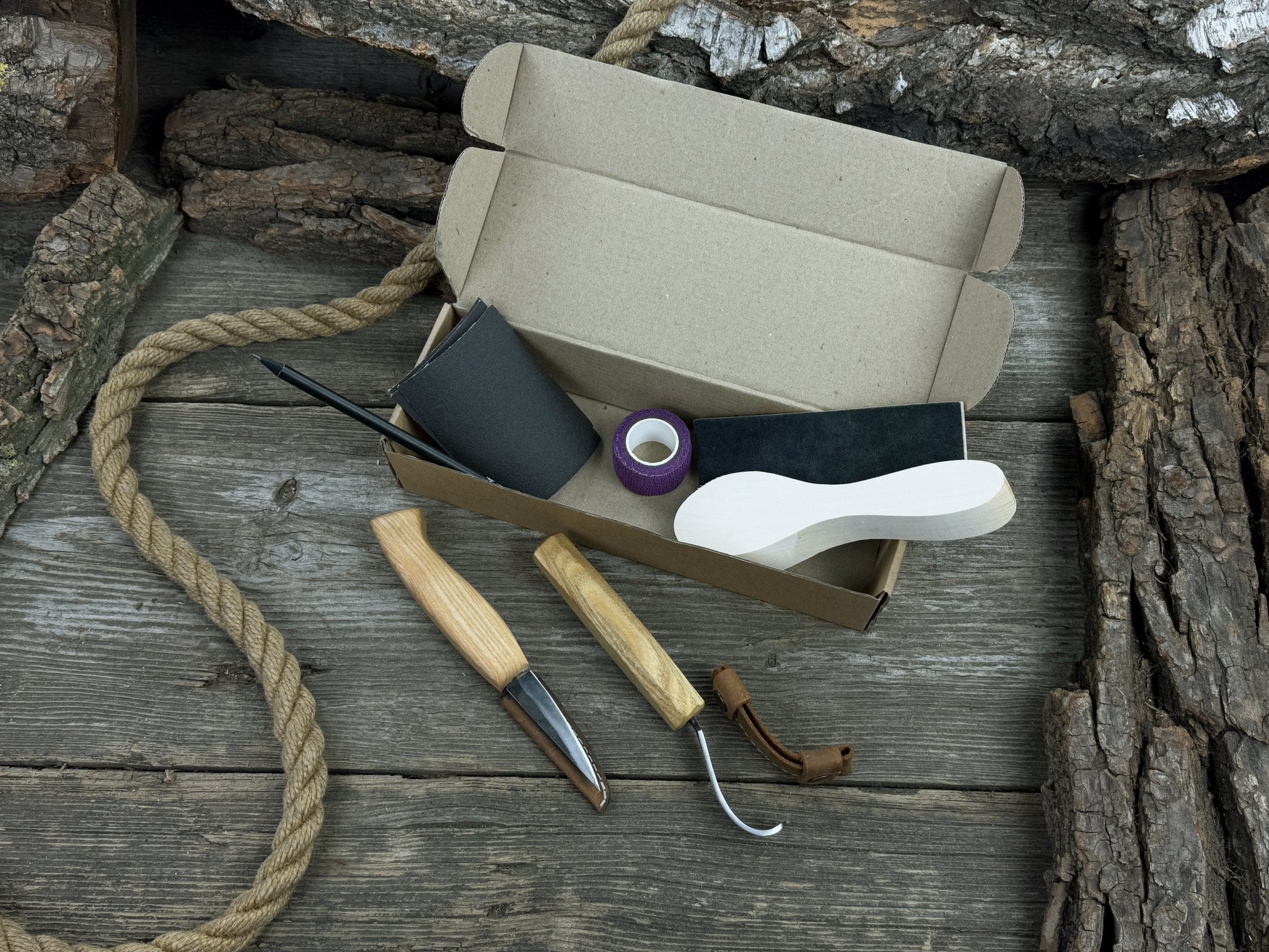 Spoon Carving for Beginners DIY Whittling Kit with knives, wooden blank, sandpaper, and sharpening tools