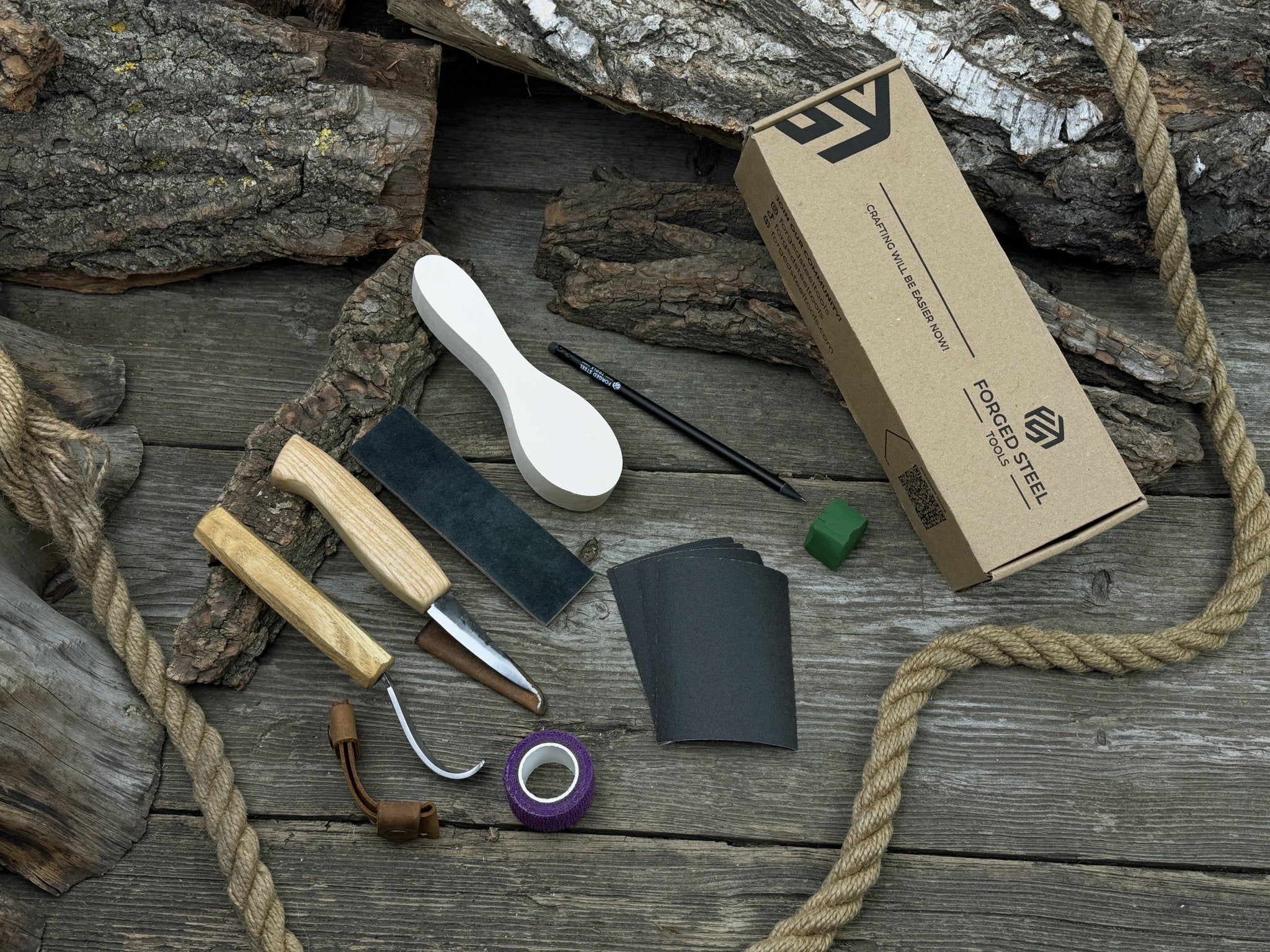 Spoon Carving for Beginners DIY Whittling Kit with knives, wooden blank, sandpaper, and sharpening tools