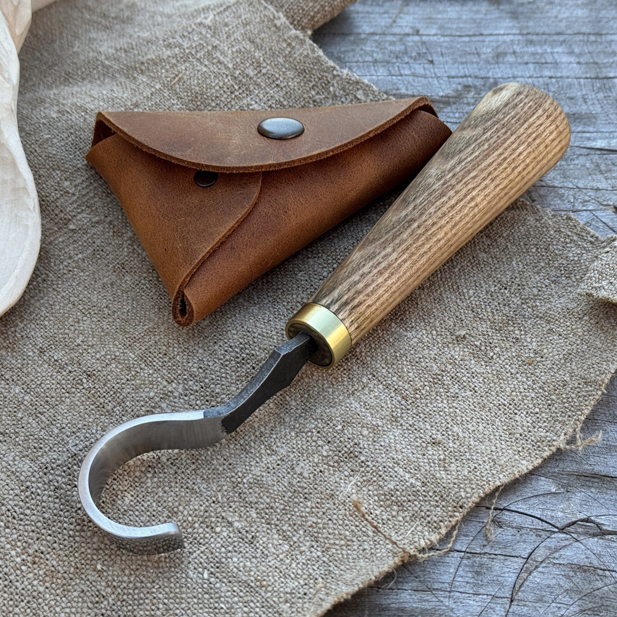 Spoon Carving Hook Knife with 3 cm blade and leather case by Sharky Forged Steel Tools