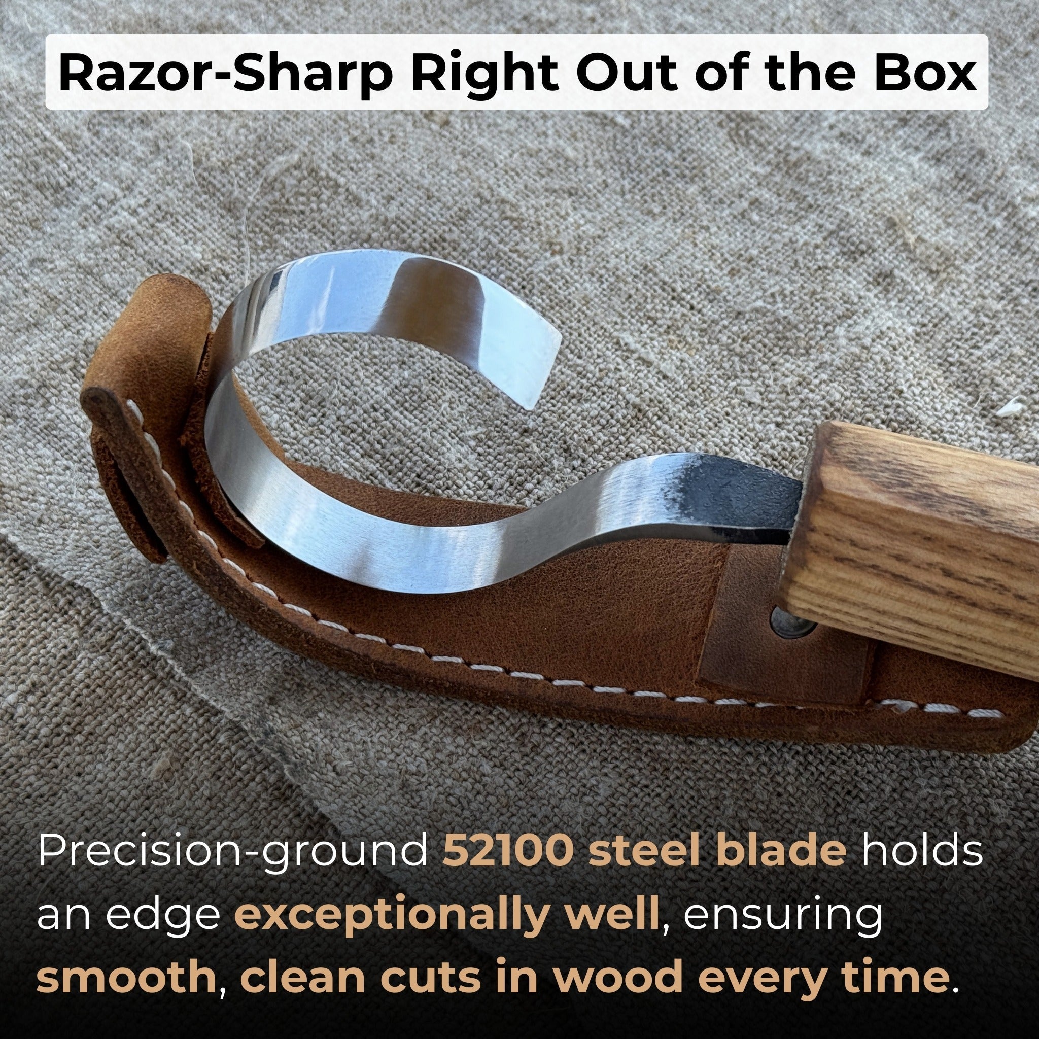 Hand-forged spoon carving hook knife with curved blade and ash wood handle
