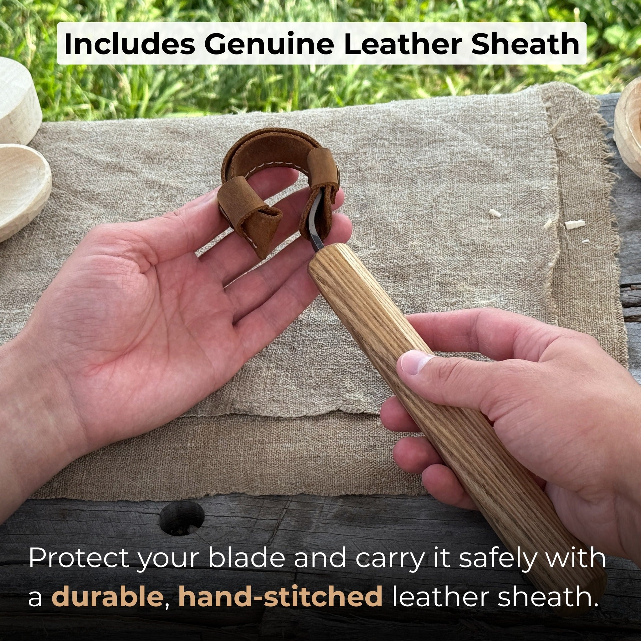Hand-forged spoon carving hook knife with curved blade and ash wood handle