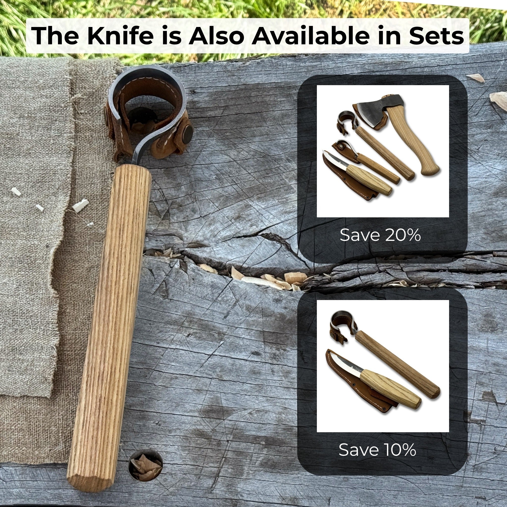 Hand-forged spoon carving hook knife with curved blade and ash wood handle