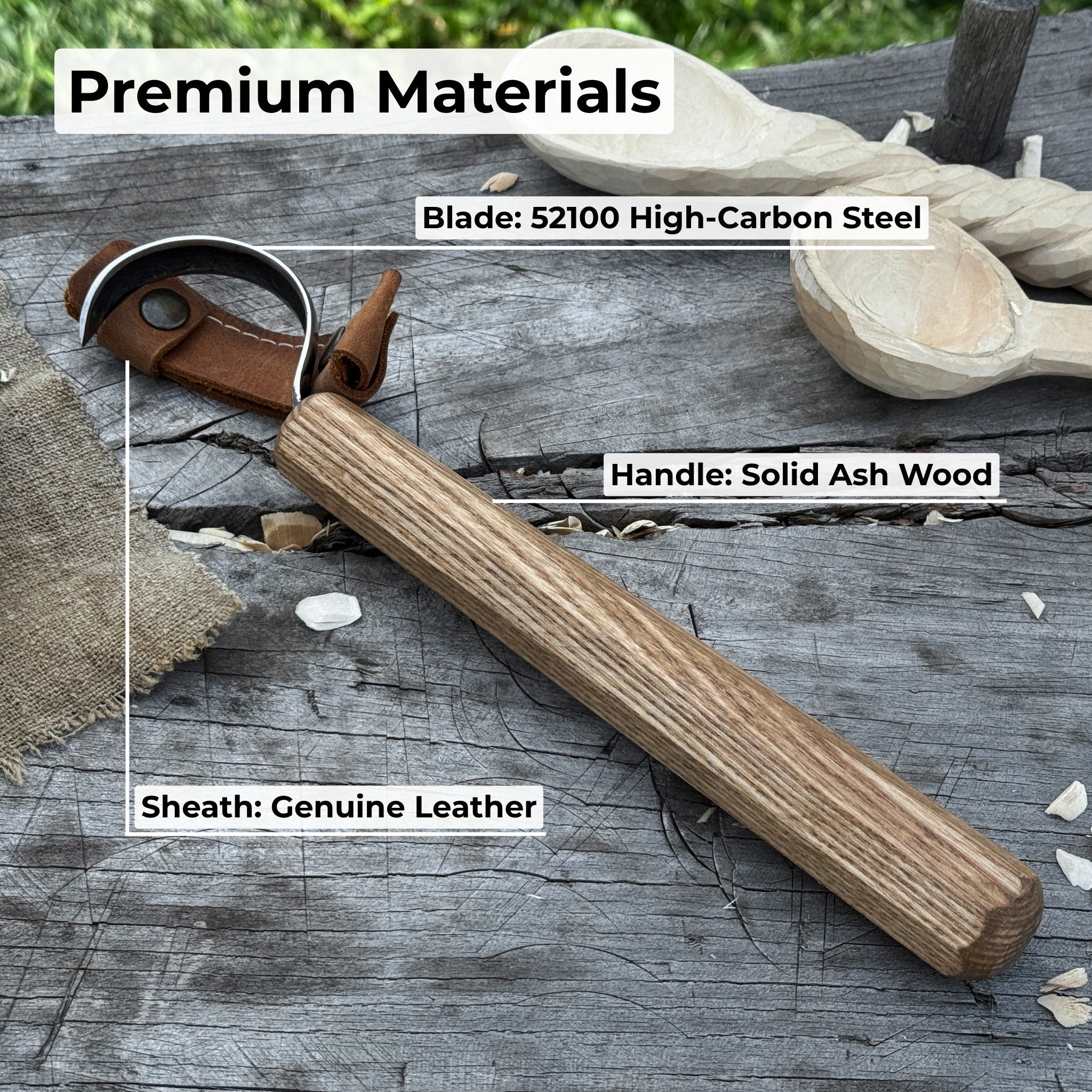 Spoon carving hook knife with large curved blade and ash wood handle by Sharky Forged Steel Tools