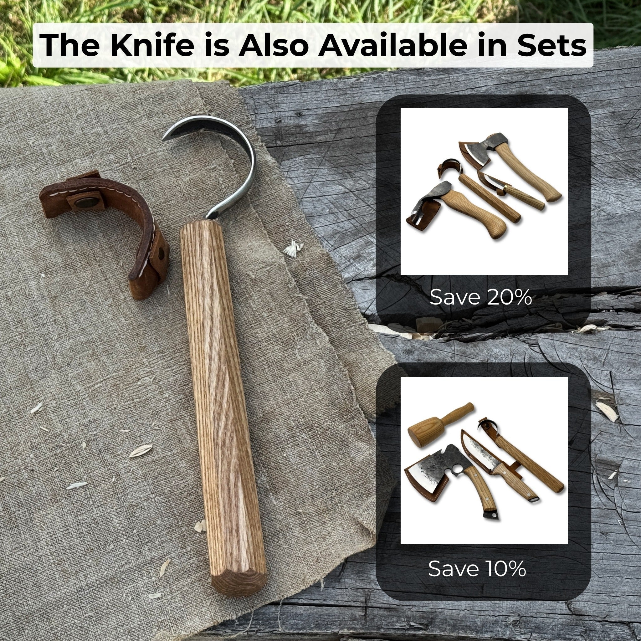 Spoon carving hook knife with large curved blade and ash wood handle by Sharky Forged Steel Tools