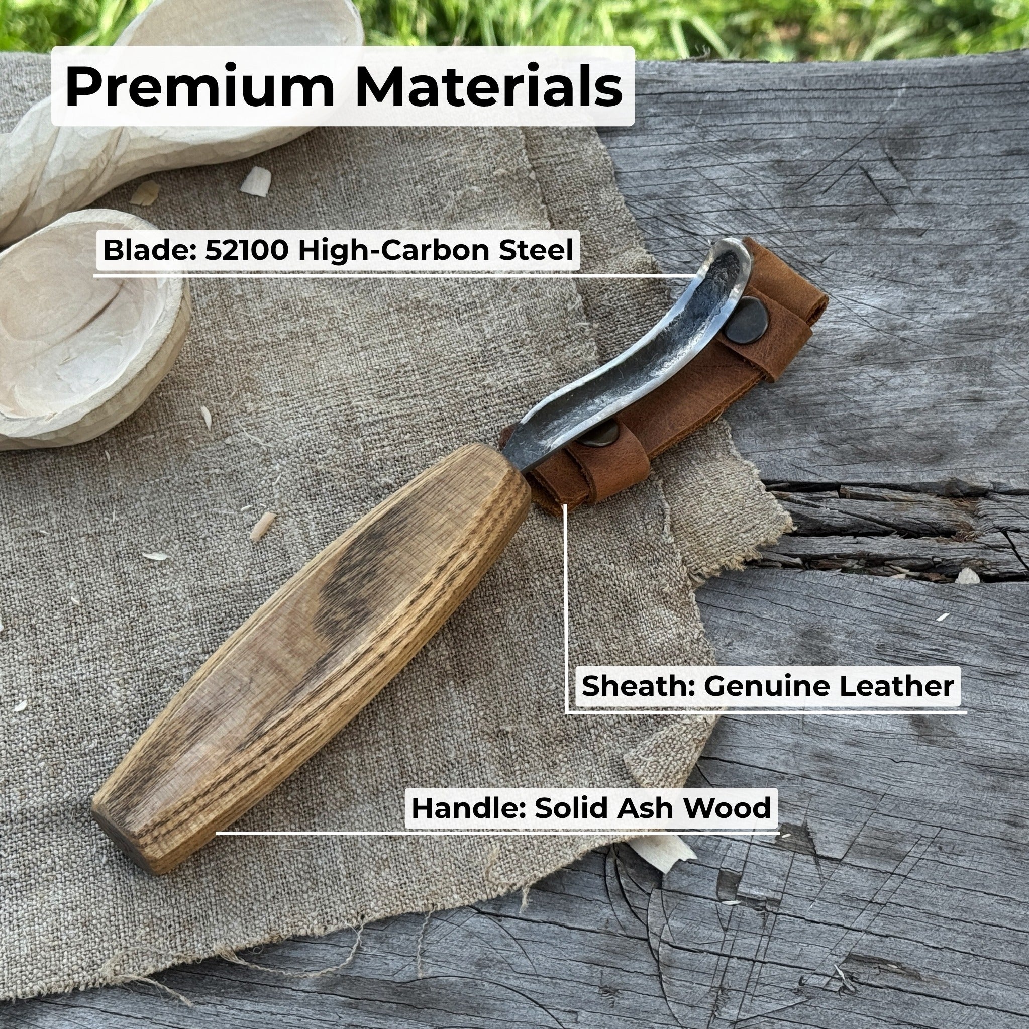 Spoon carving hook knife with long curved blade and wooden handle by Sharky Forged Steel Tools