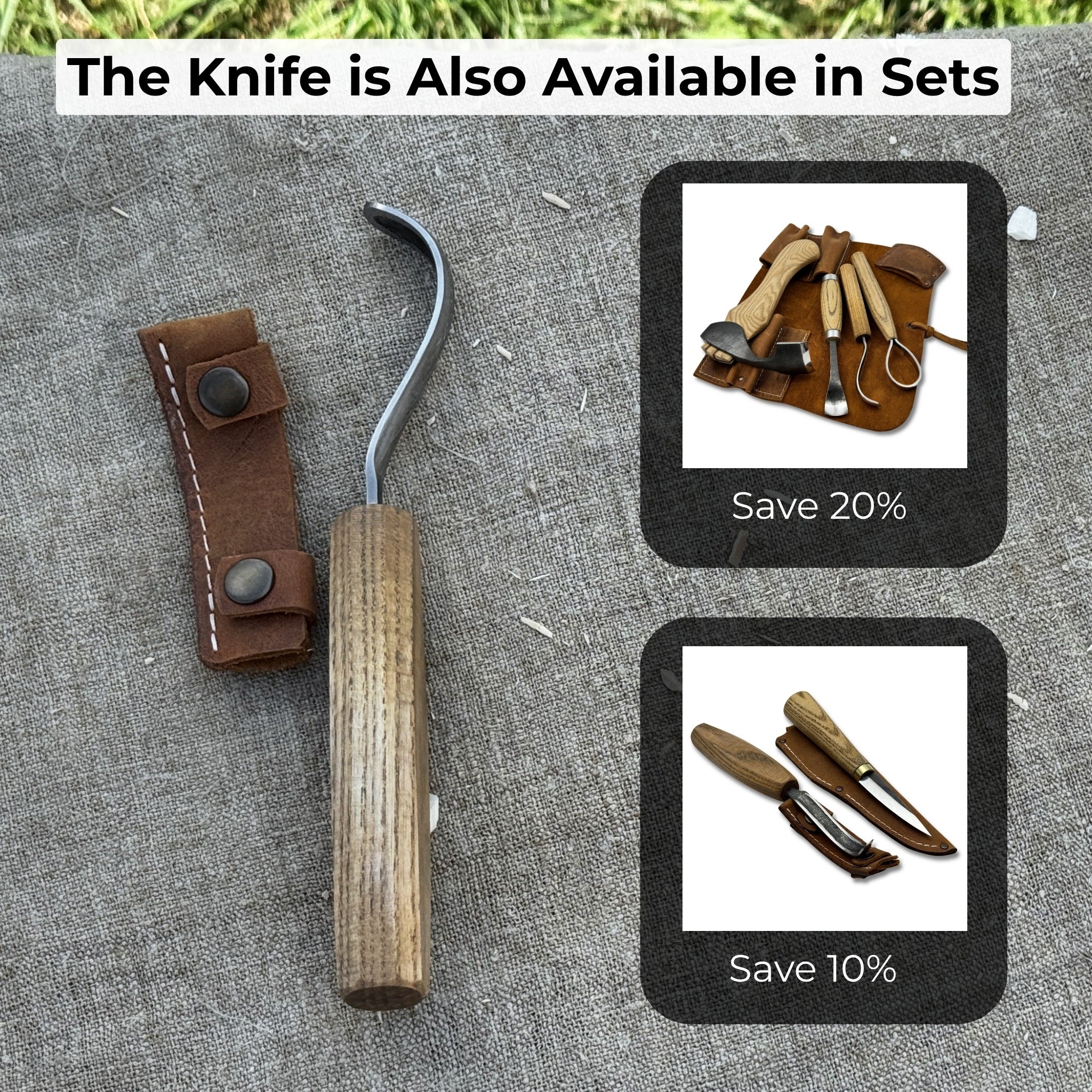 Spoon carving hook knife with long curved blade and wooden handle by Sharky Forged Steel Tools