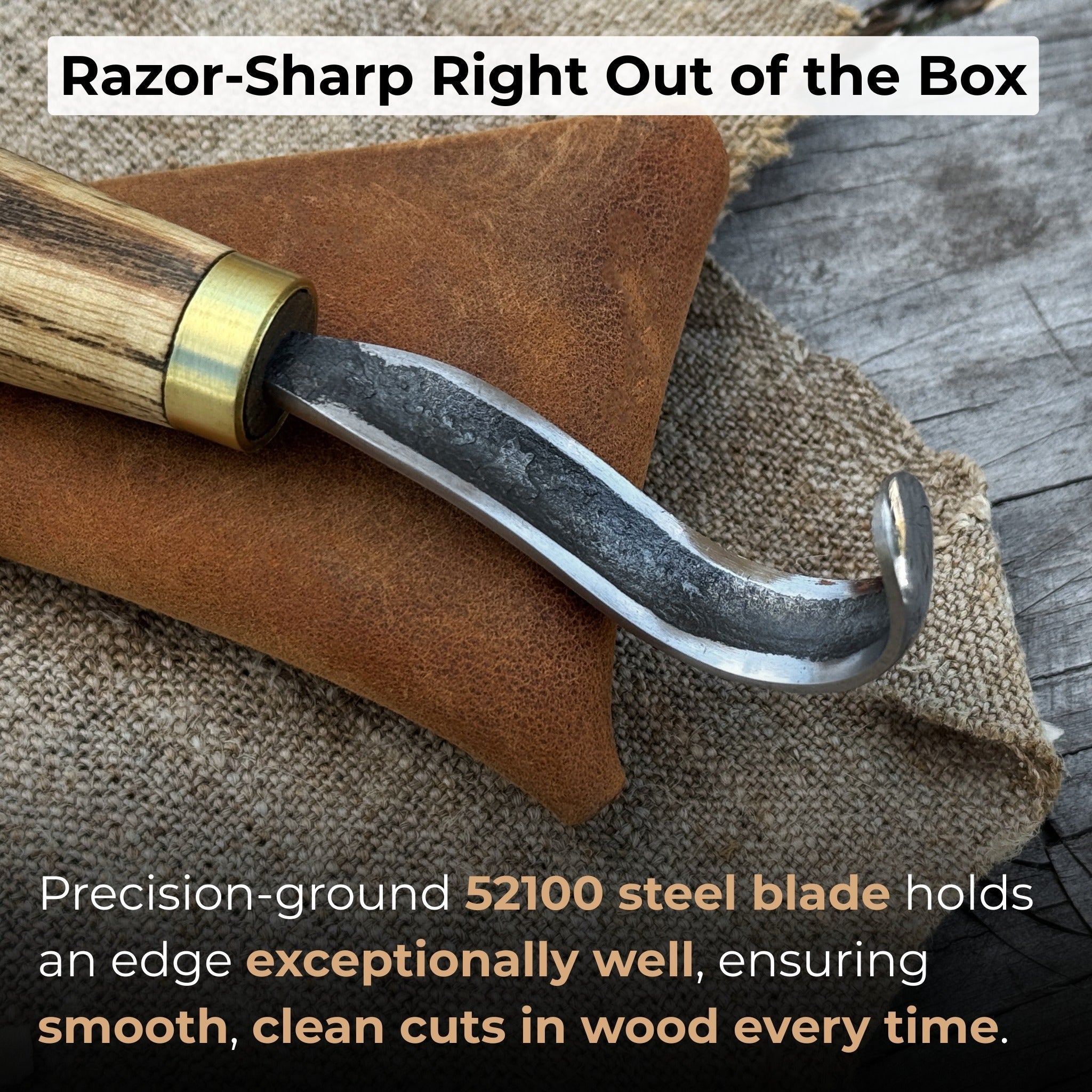 Spoon carving hook knife with curved blade and wooden handle, alongside leather sheath