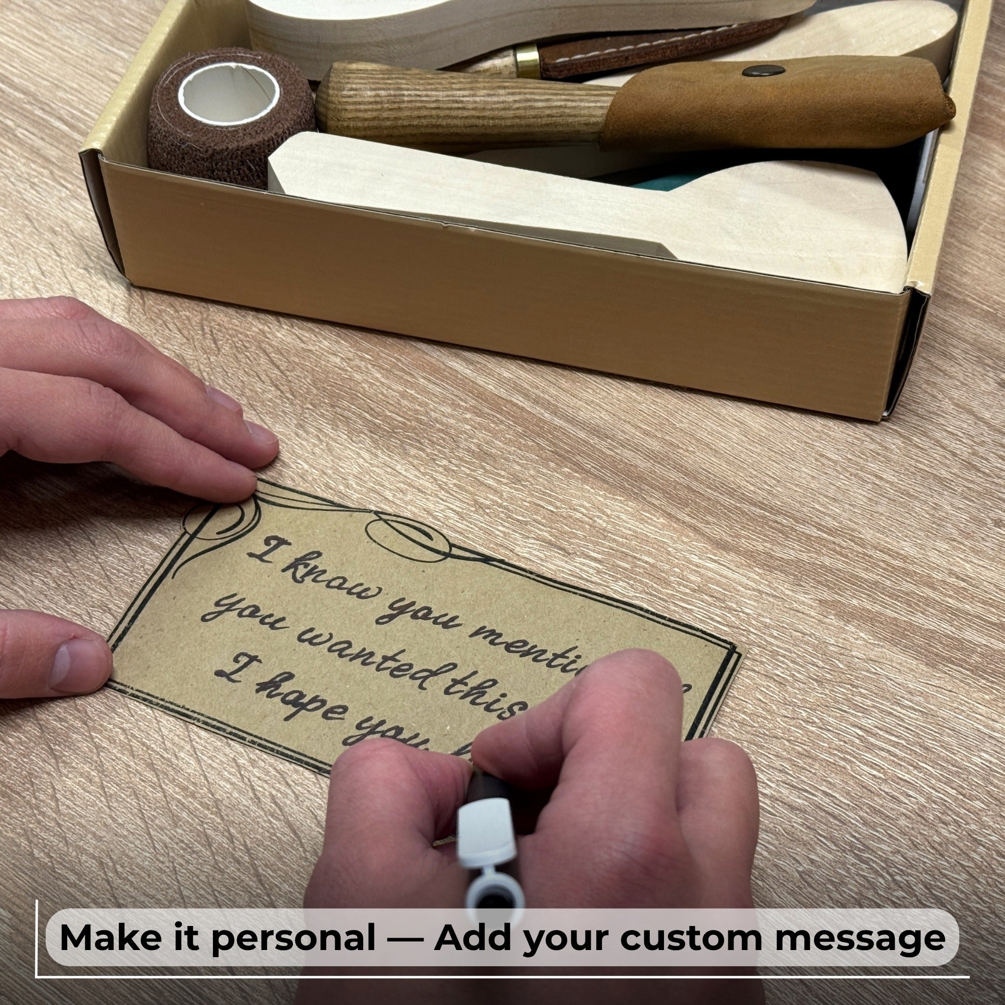 Spoon Carving Kit with wood carving knives, wooden blanks, sandpaper, and sharpening tools