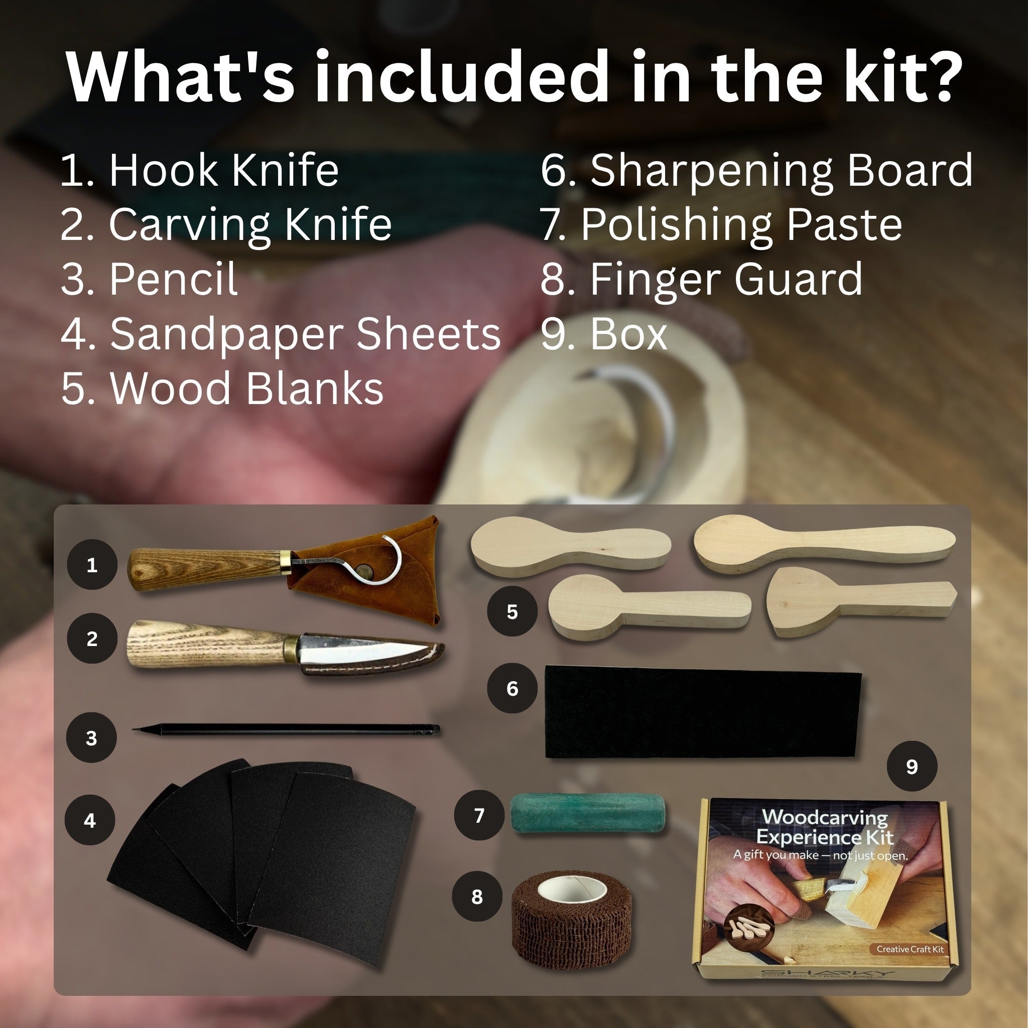 Spoon Carving Kit with wood carving knives, wooden blanks, sandpaper, and sharpening tools