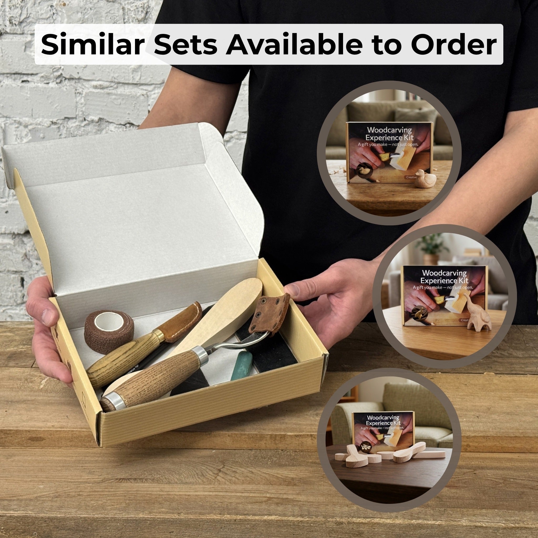 Complete Spoon Carving Kit with bent gouge, whittling knife, wooden blank, sandpaper, sharpening board, pencil, and finger wrap