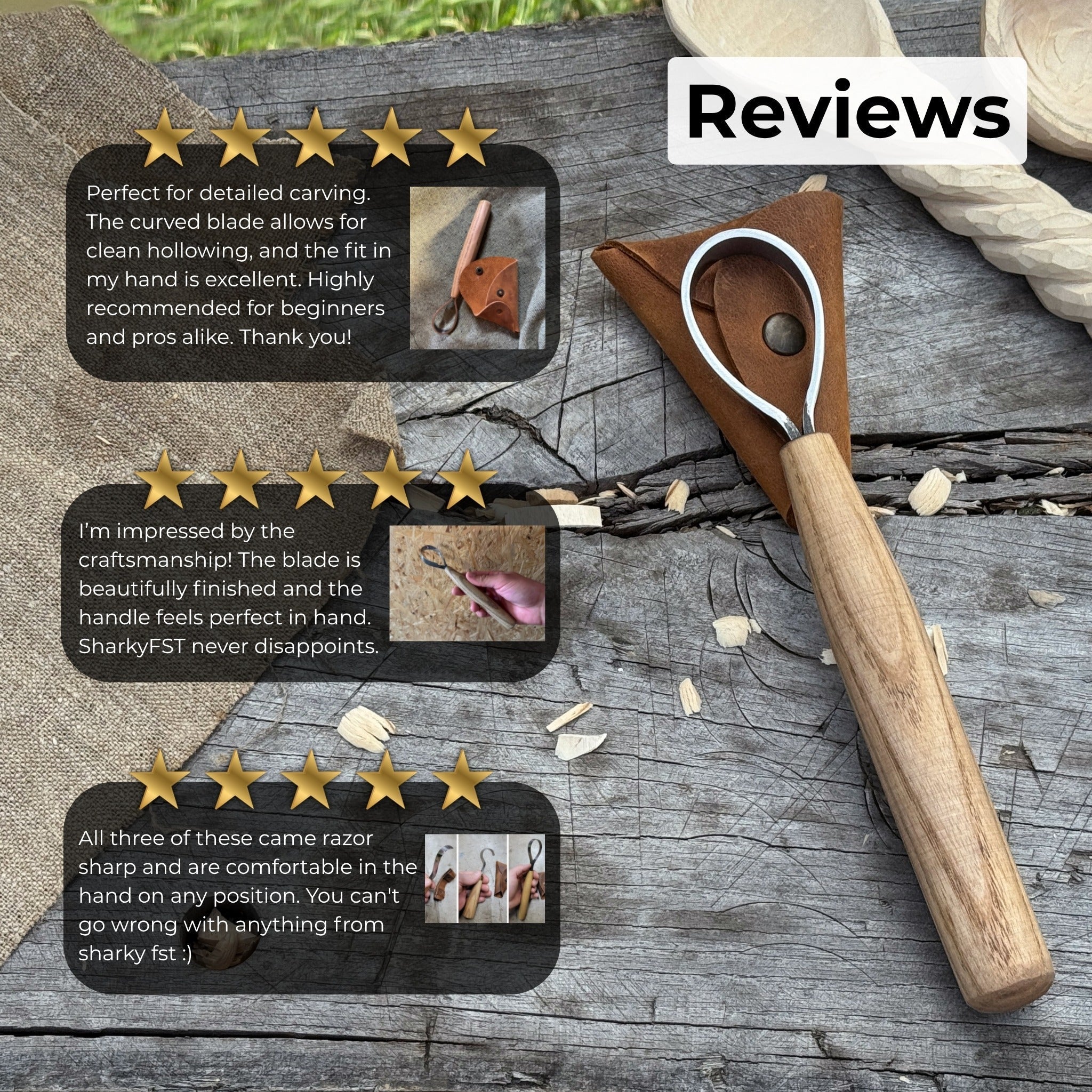 Spoon Carving Scorp Knife with curved blade and ash wood handle by Sharky Forged Steel Tools