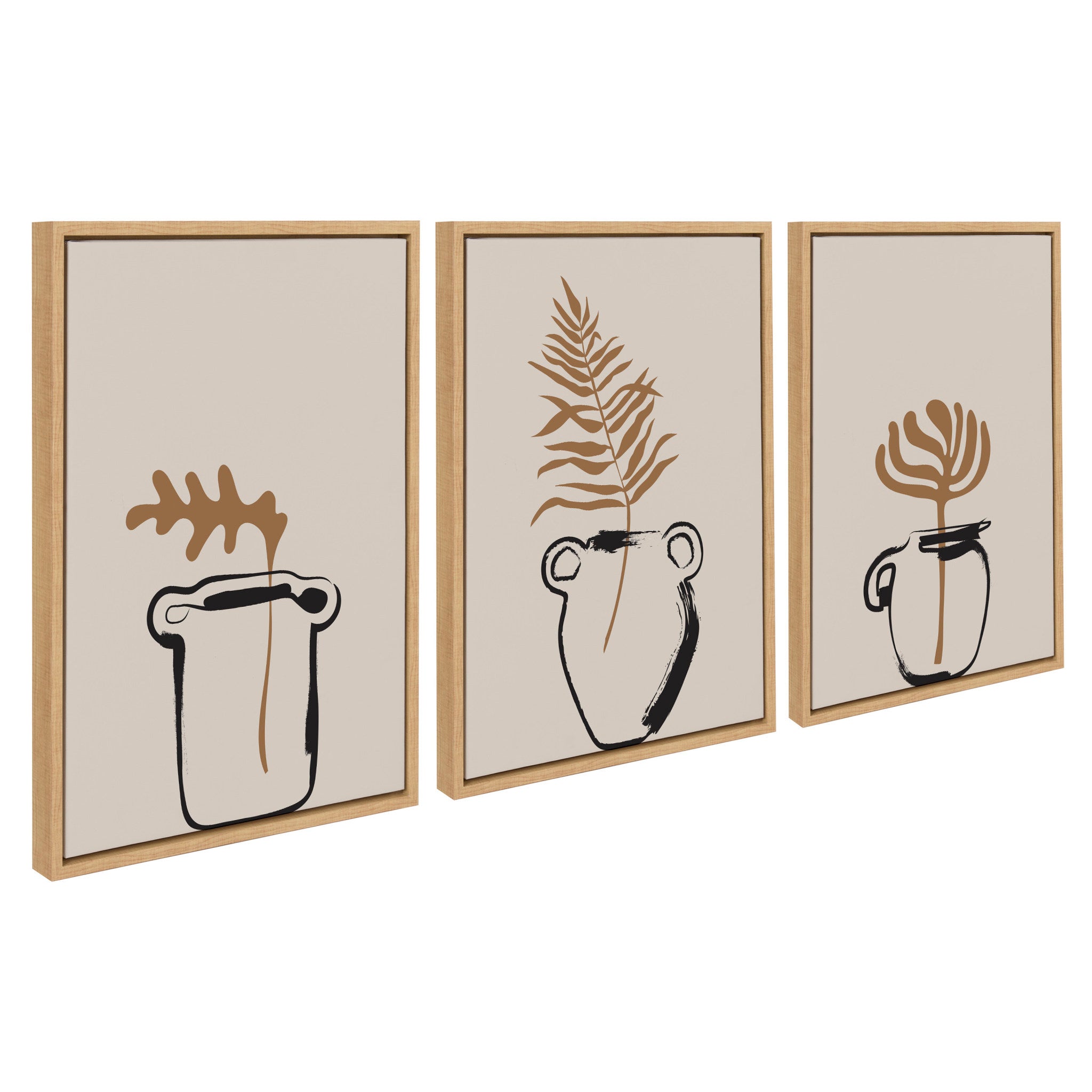 Sylvie Relaxed Retro Illustrated Botanical Vase three-piece framed canvas art set arranged on a neutral wall