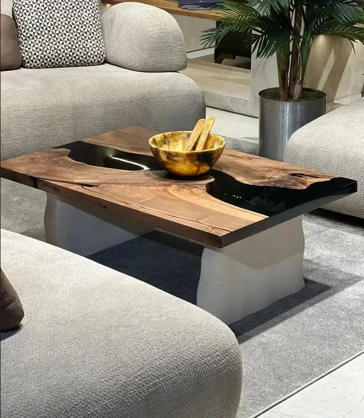Handcrafted epoxy resin walnut coffee table with stone-inspired wooden legs