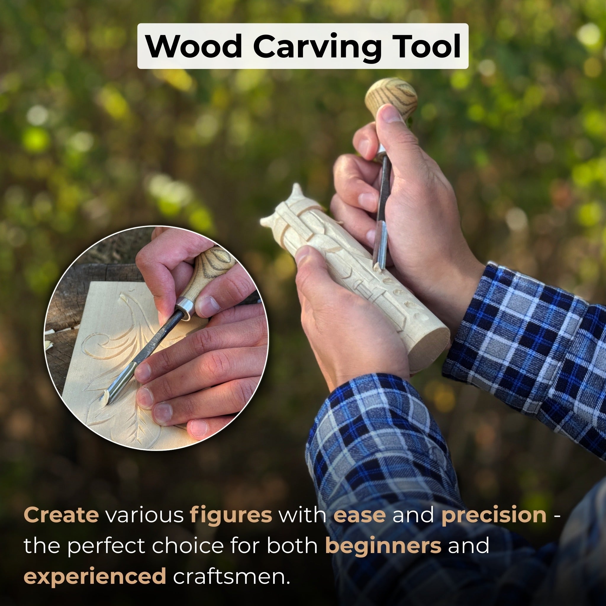 Straight carving gouge with ash palm handle and 5 to 12 mm blade widths by Sharky Forged Steel Tools