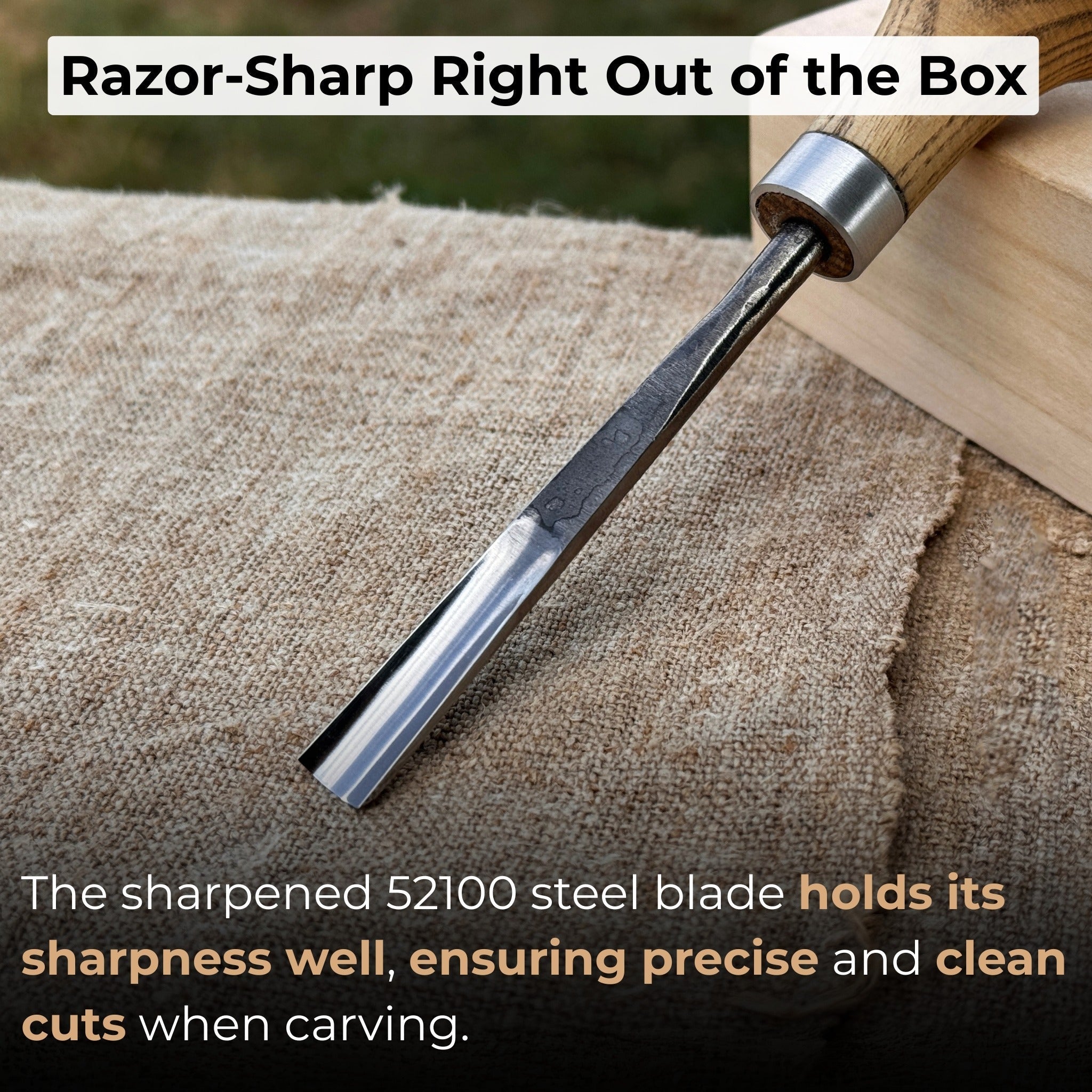 Straight carving gouge with ash palm handle and 5 to 12 mm blade widths by Sharky Forged Steel Tools