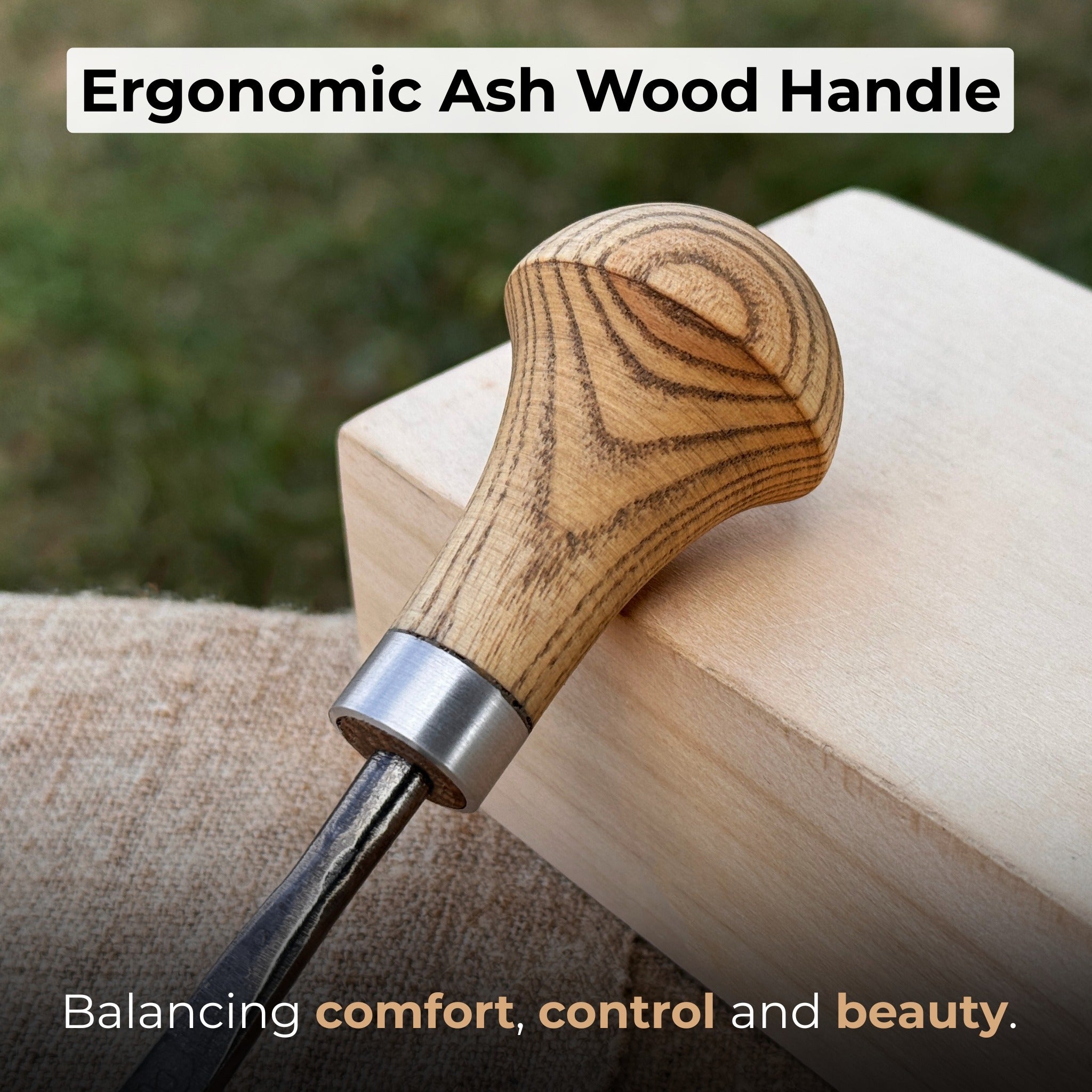 Straight carving gouge with ash palm handle and 5 to 12 mm blade widths by Sharky Forged Steel Tools