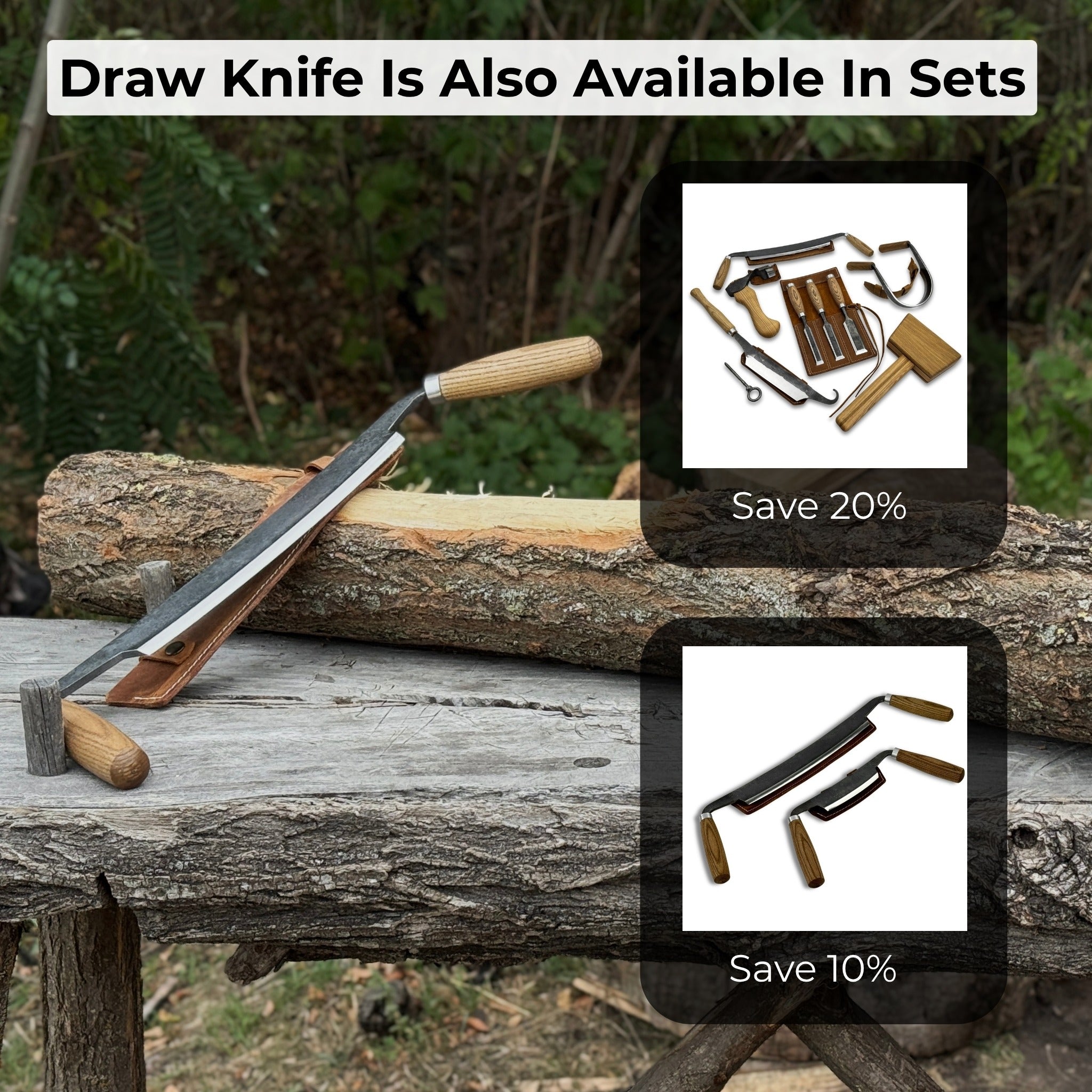 Hand-forged straight drawknife with 26 cm cutting edge and ash wood handles