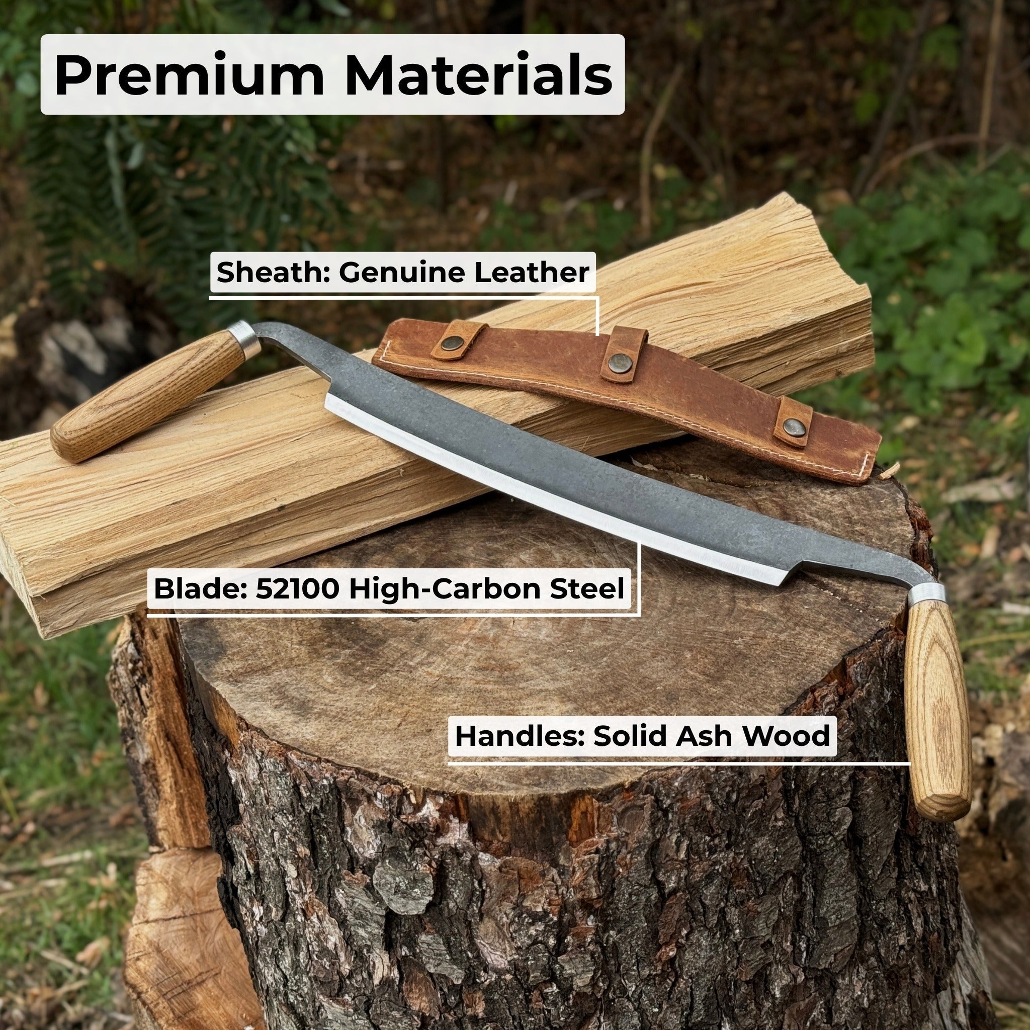 Hand-forged straight drawknife with 26 cm cutting edge and ash wood handles
