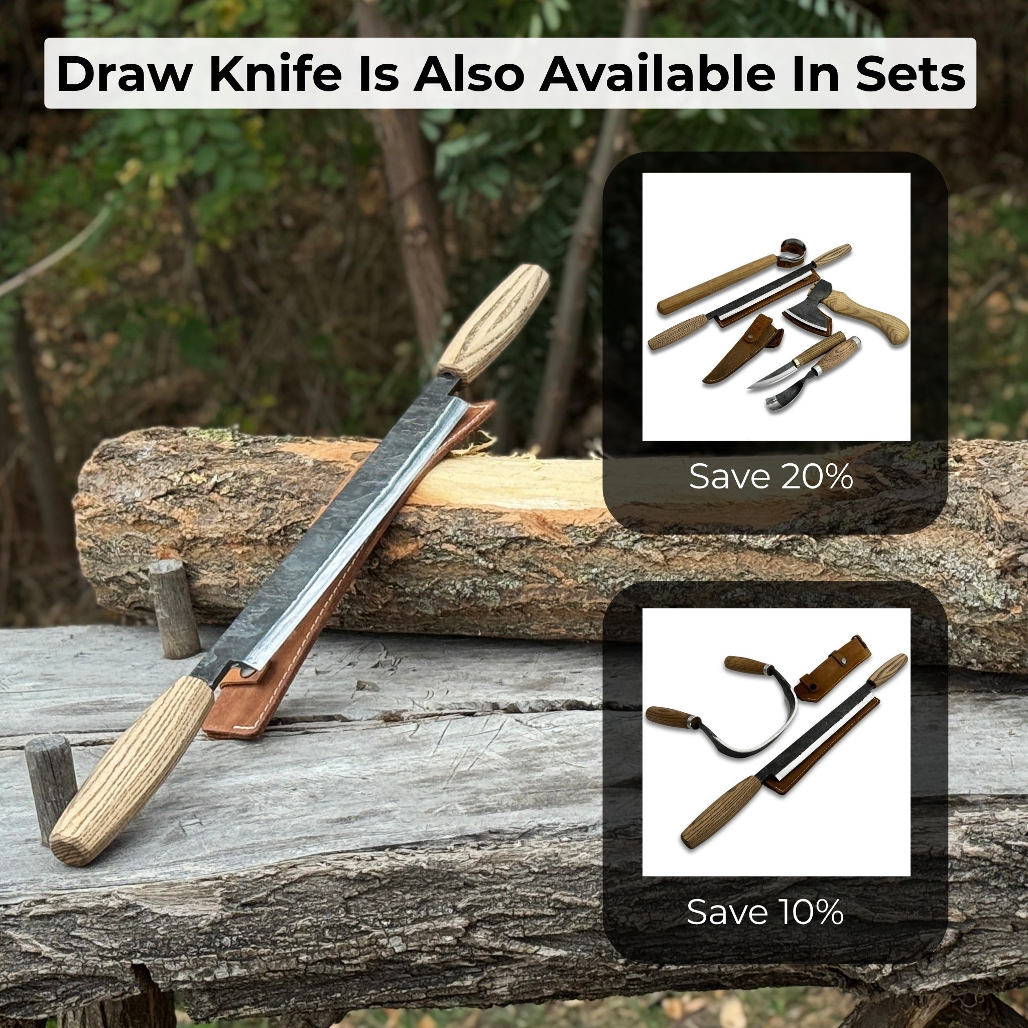Straight drawknife with 25 cm carbon steel blade and leather sheath
