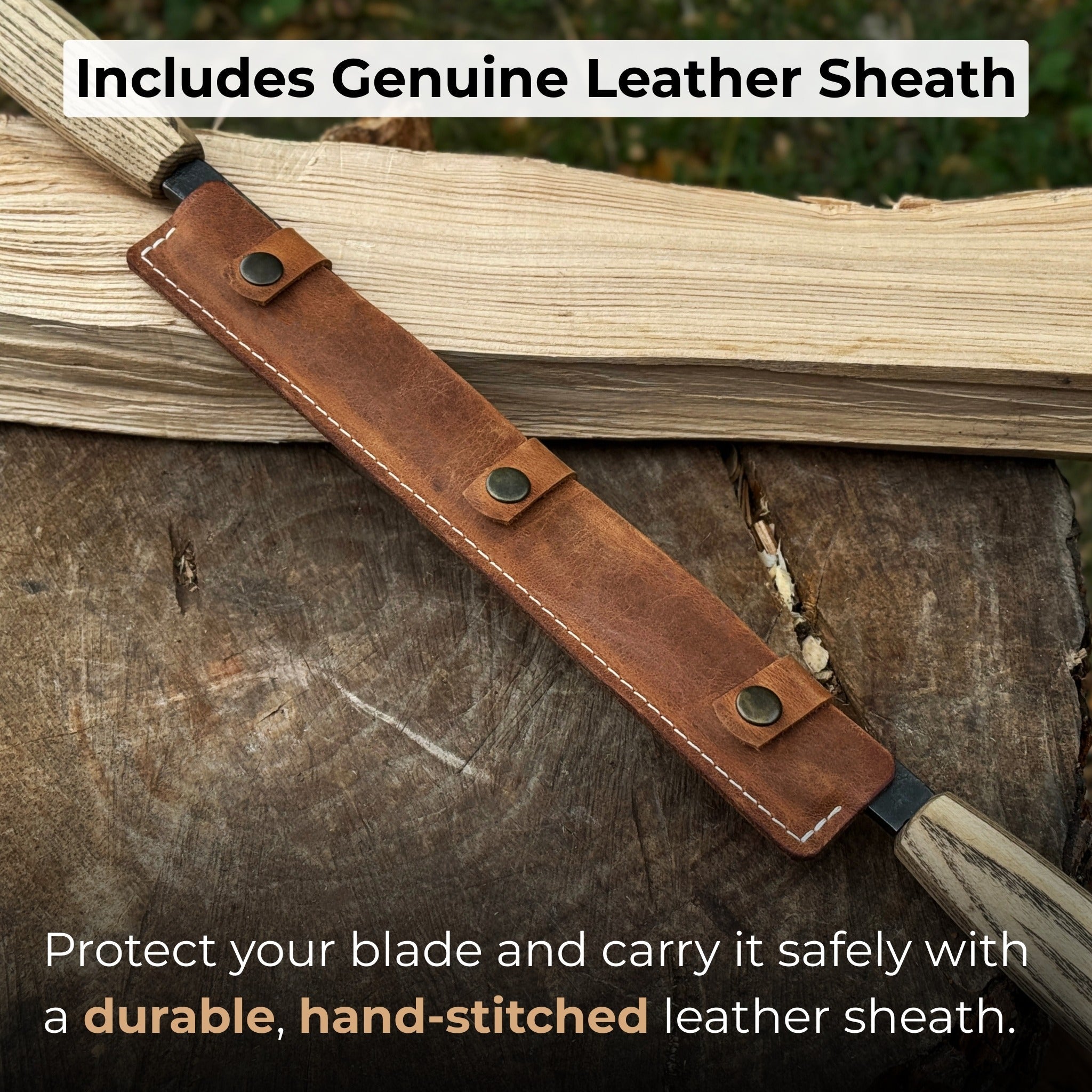Straight drawknife with 25 cm carbon steel blade and leather sheath