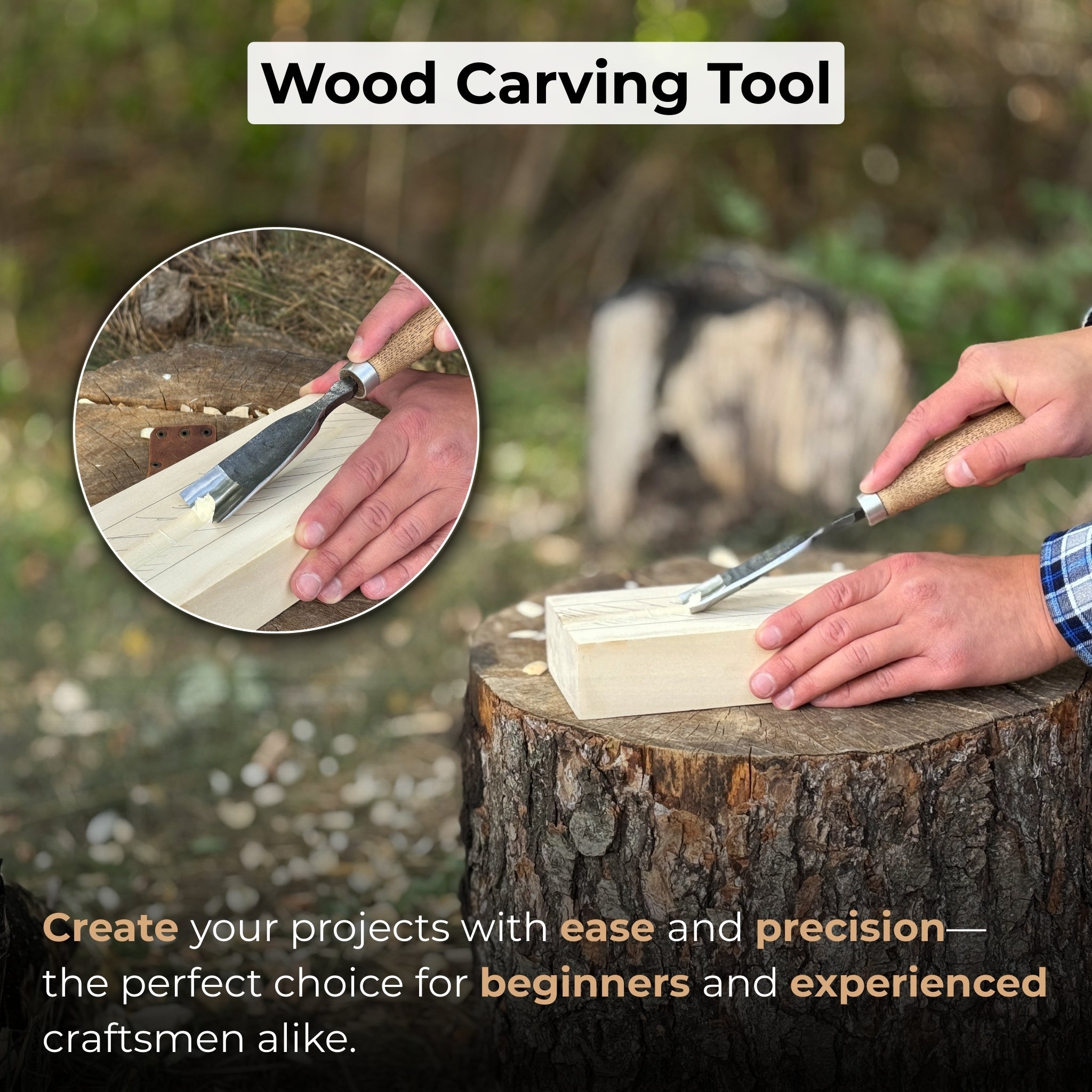 Hand-forged straight gouge rounded chisel with ash handle for wood carving