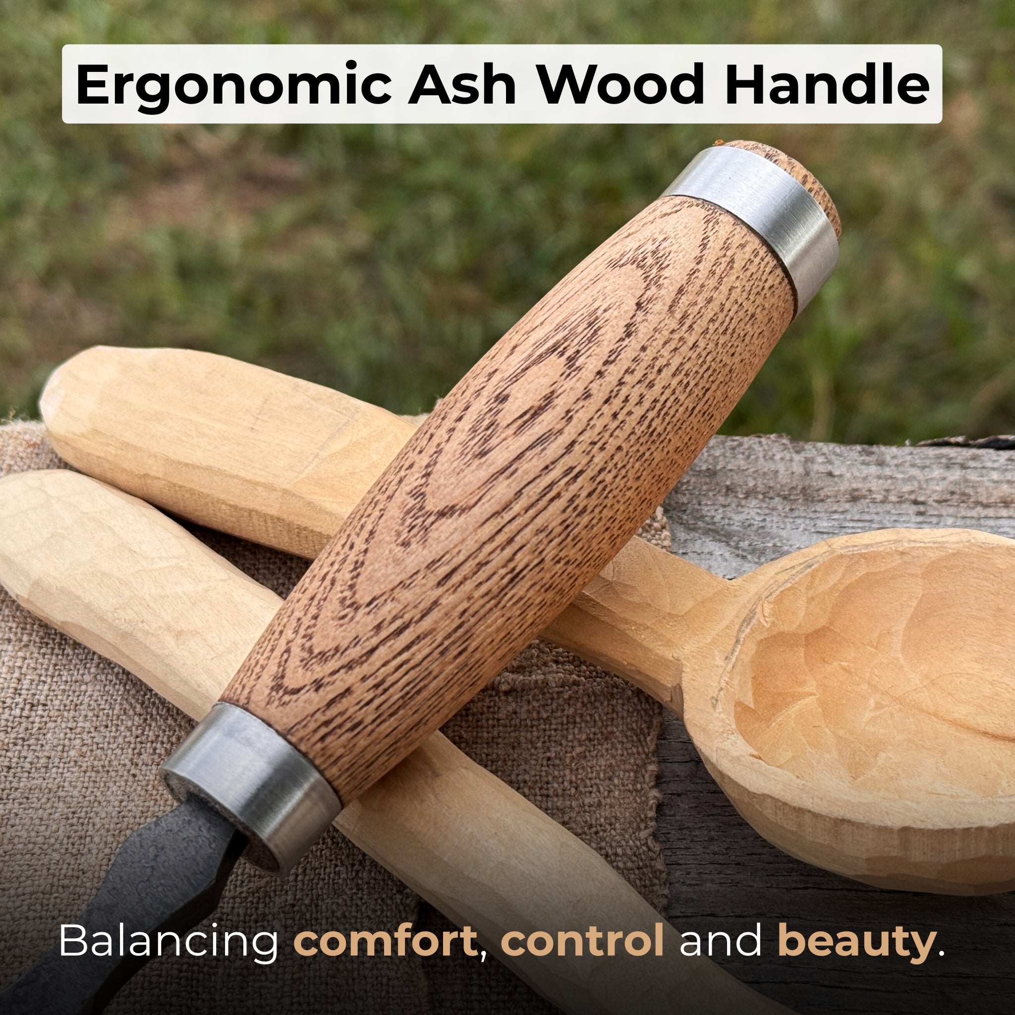 Hand-forged straight gouge rounded chisel with ash handle for wood carving
