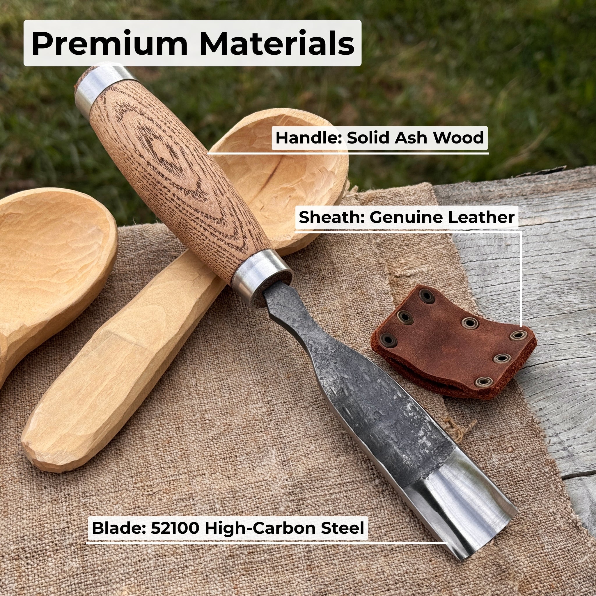 Hand-forged straight gouge rounded chisel with ash handle for wood carving