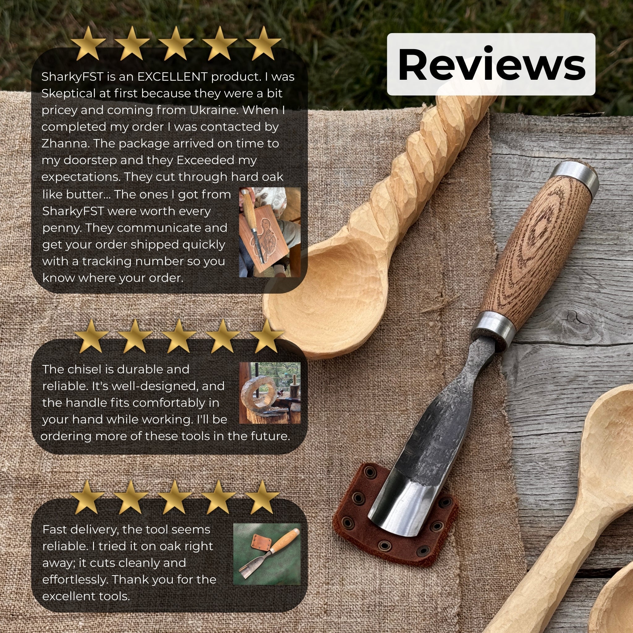 Hand-forged straight gouge rounded chisel with ash handle for wood carving