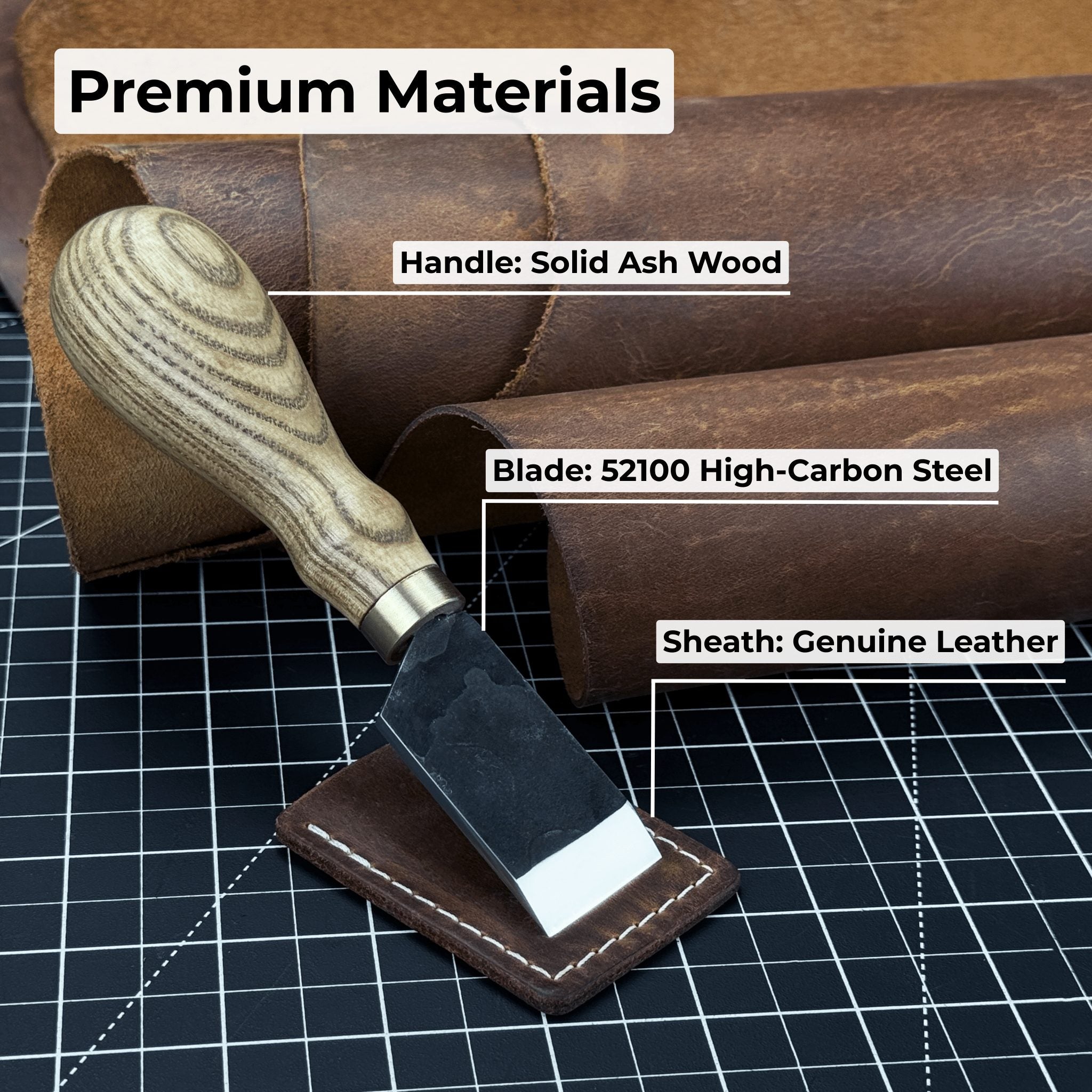 FST Hand-Forged Straight Leather Skiving Knife with 3 cm blade and ash wood handle