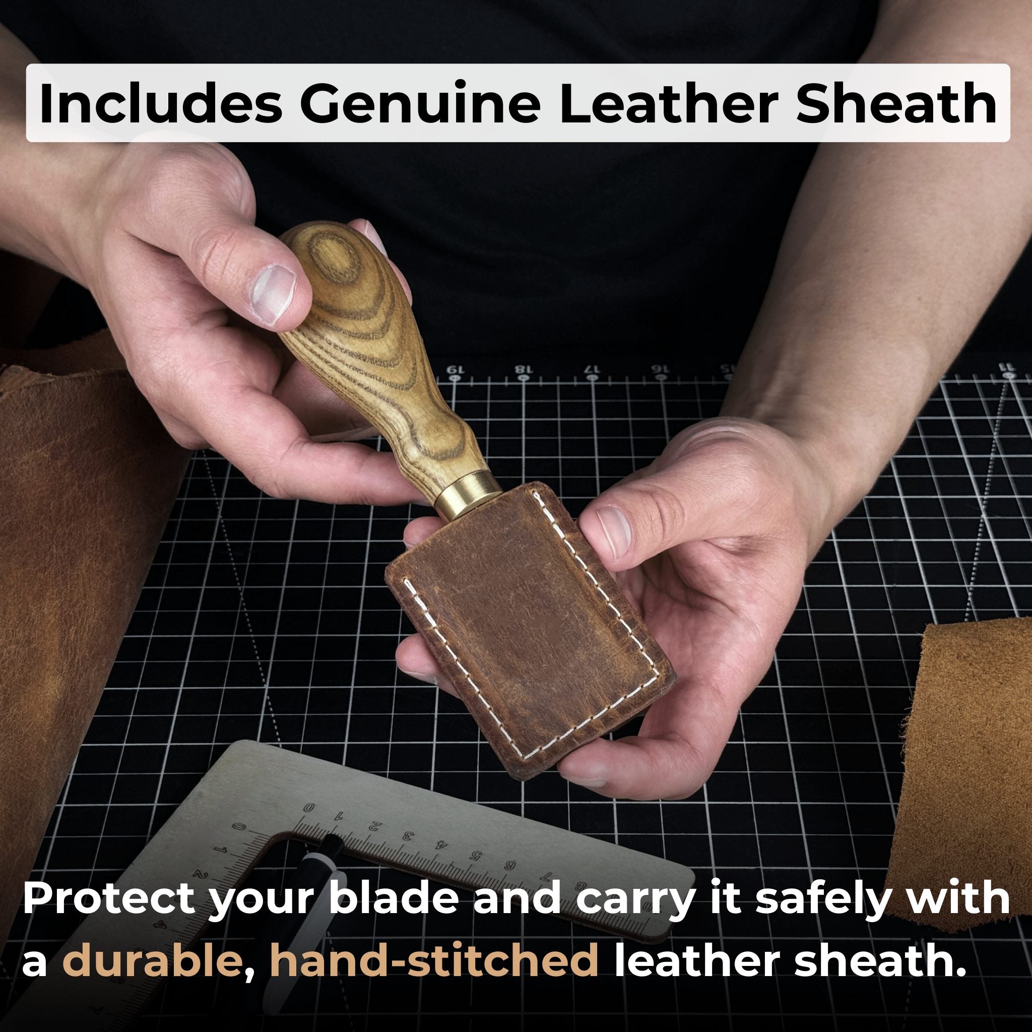 FST Hand-Forged Straight Leather Skiving Knife with 3 cm blade and ash wood handle