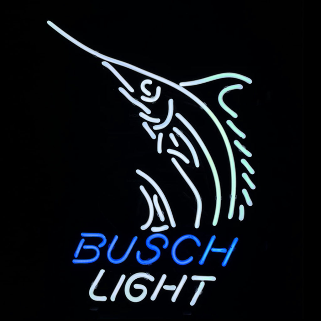 Swordfish Busch Light Beer Neon Sign showing glass neon tubes mounted on a metal grid backing with warm glow