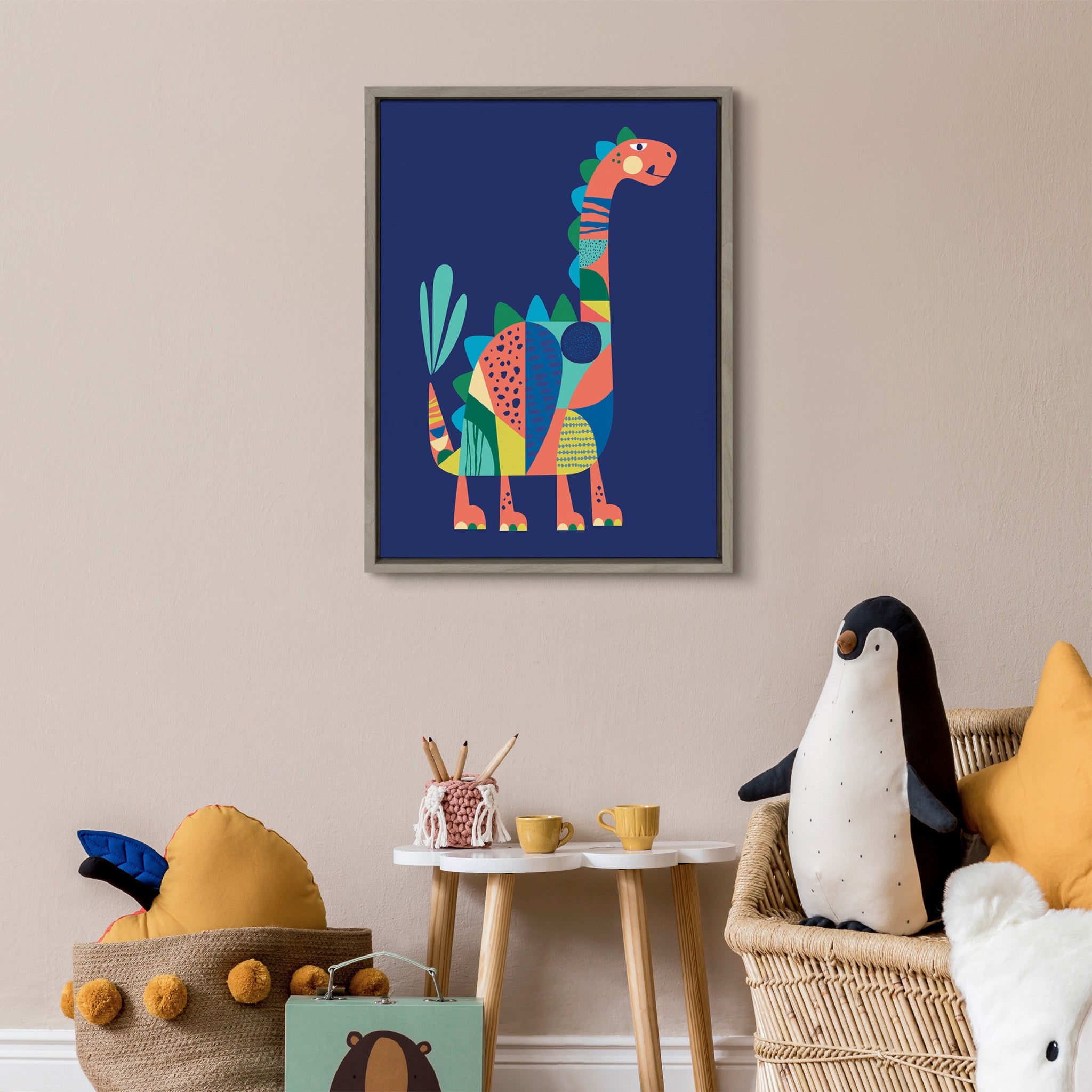 Sylvie Mid Century Modern Dino Blue Framed Canvas by kateandlaurel - product image 8 for Resin Society