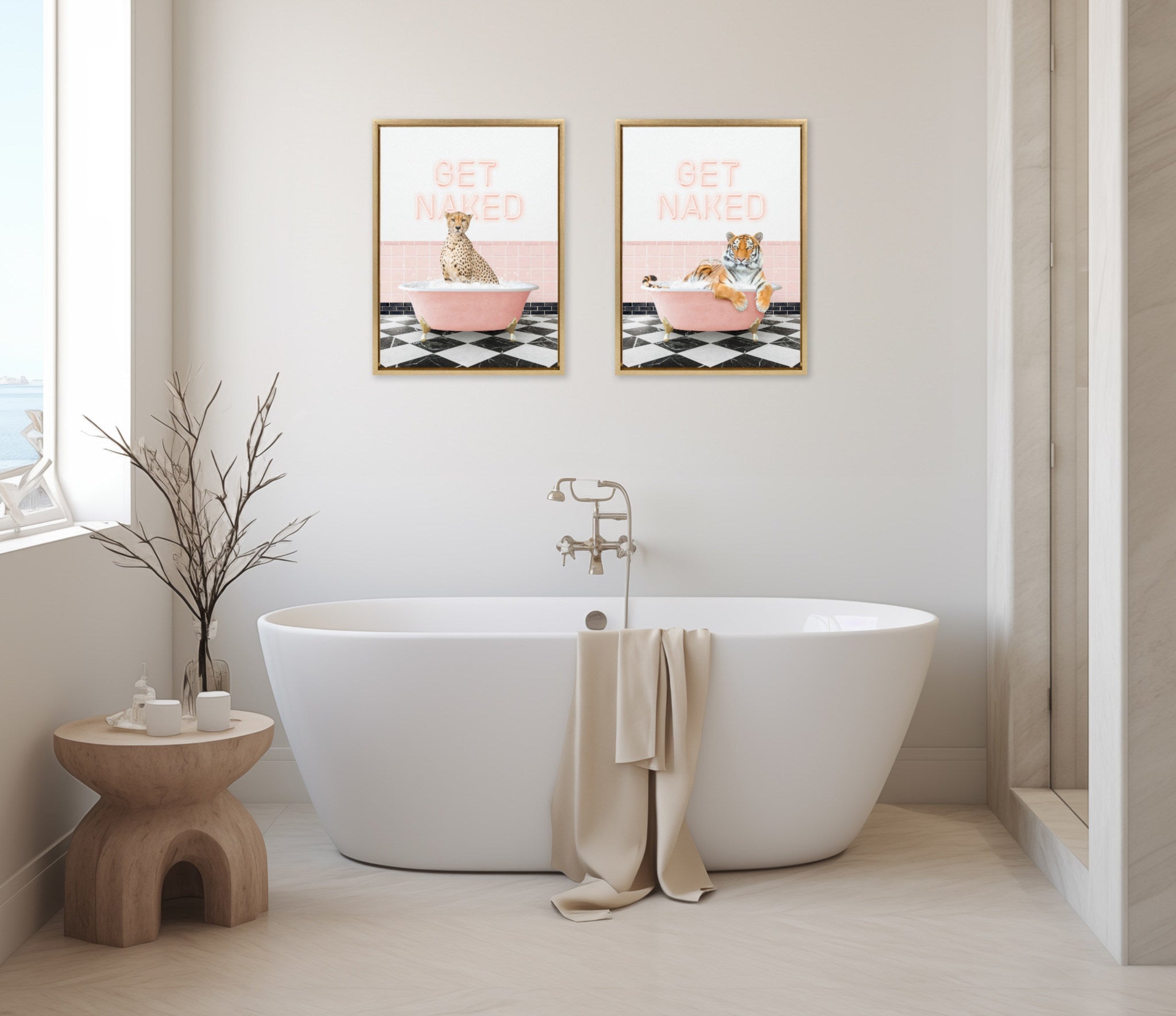 Sylvie Tiger Get Naked Retro Pink Bath Framed Canvas by Amy Peterson Art Studio