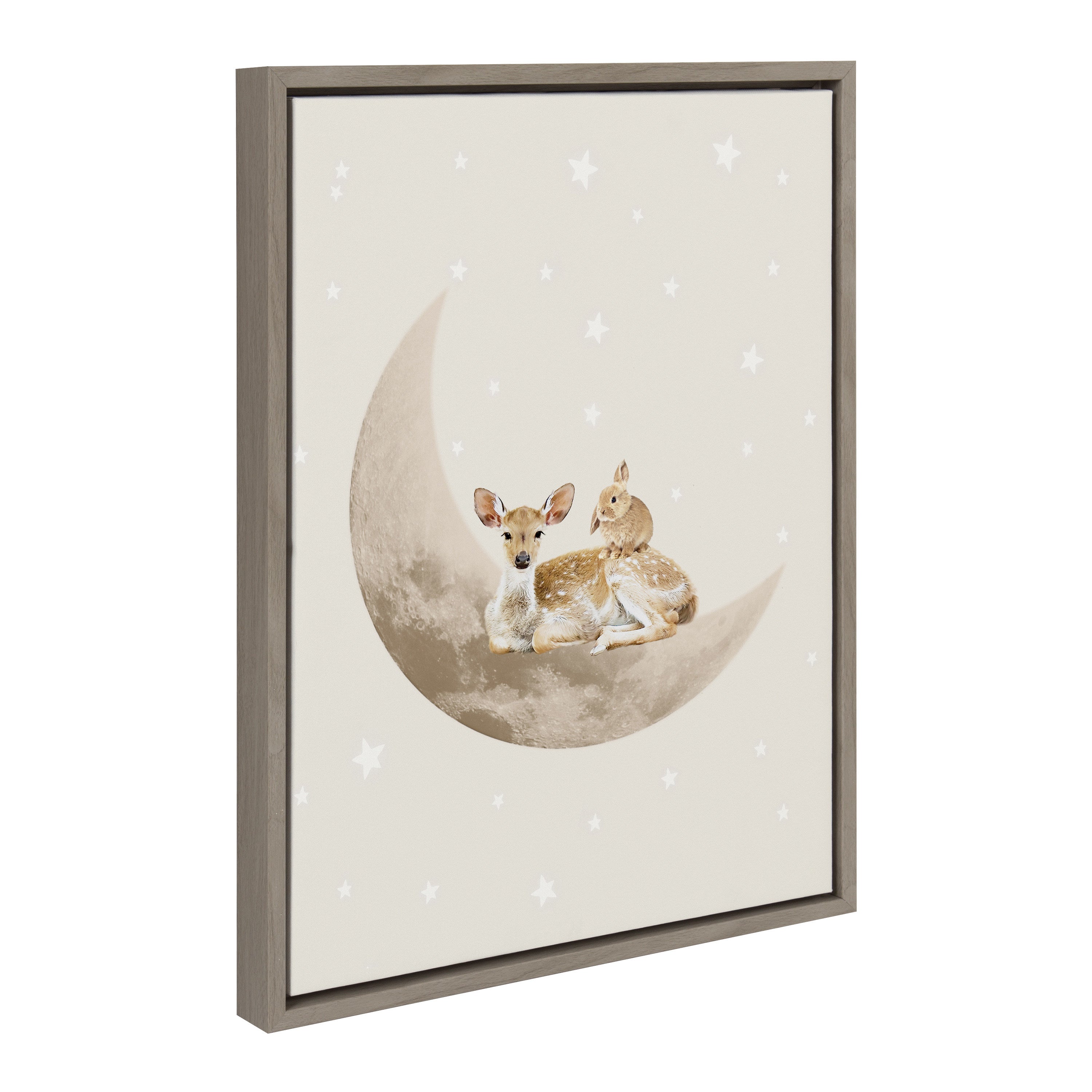 Sylvie On the Moon Framed Canvas displaying softly rendered animals under a crescent moon