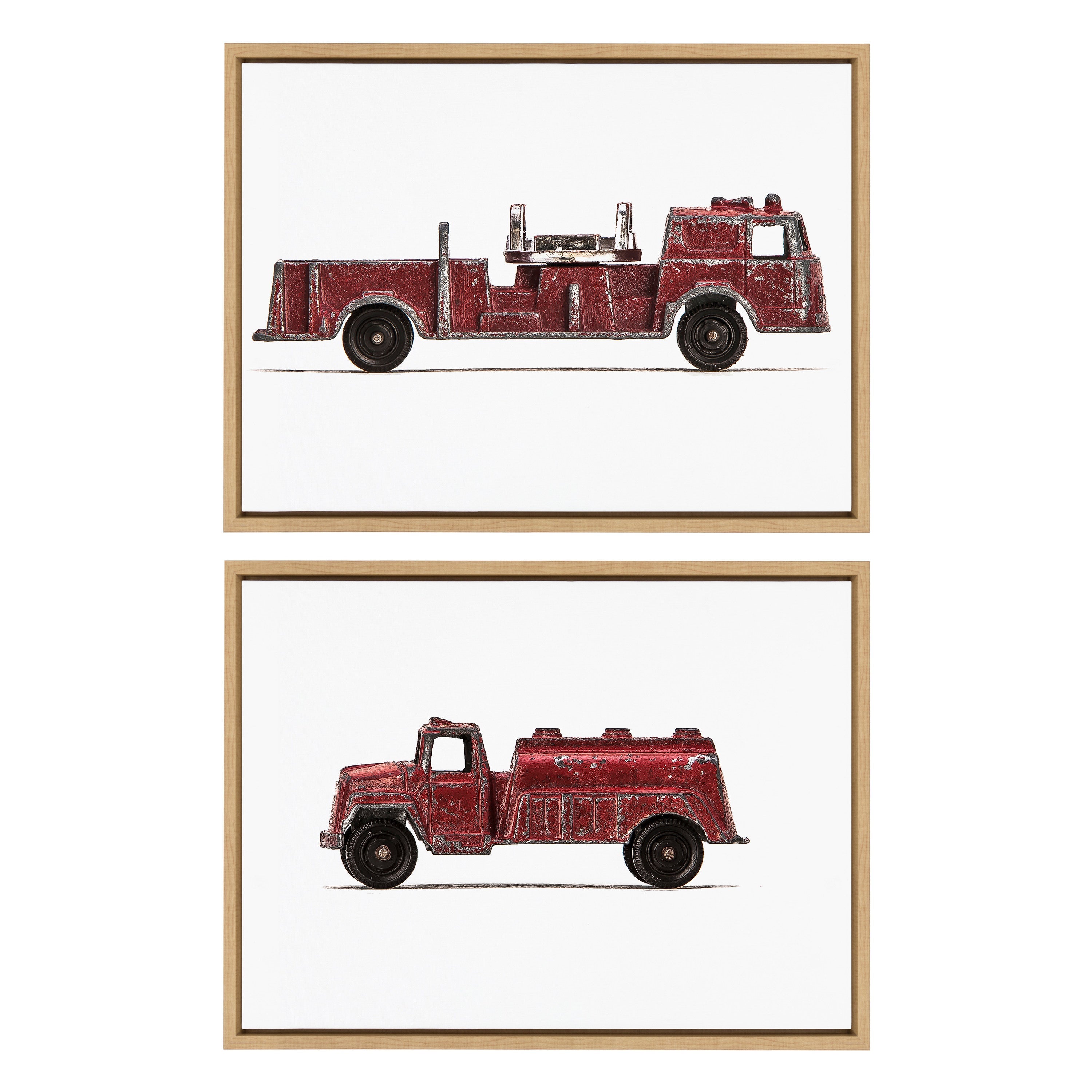 Framed canvas art set of red vintage toy fire engine and red vintage toy water truck by Saint and Sailor Studios