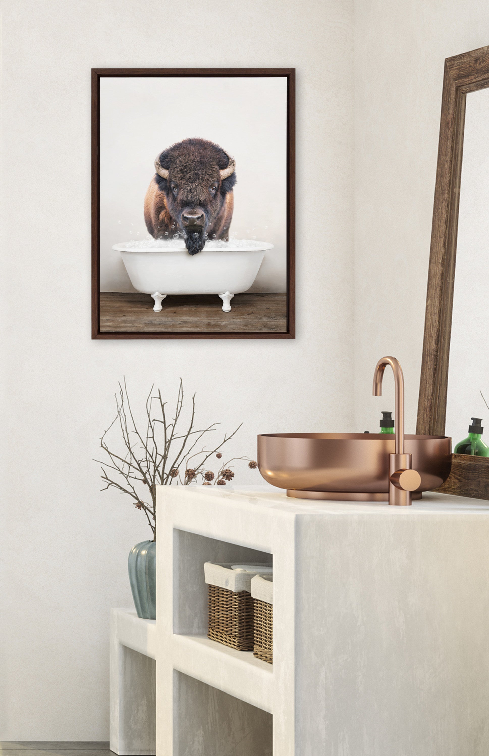 Sylvie Bison Rustic Bubble Bath Framed Canvas by kateandlaurel - product image 10 for Resin Society