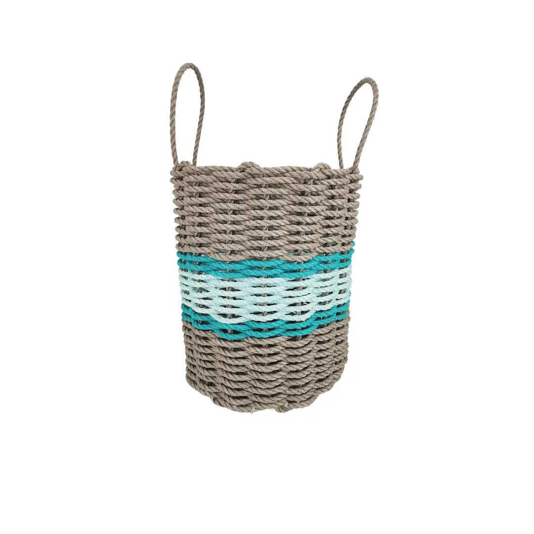 Lobster rope basket in tan and seafoam colors with teal accents, shown in multiple sizes