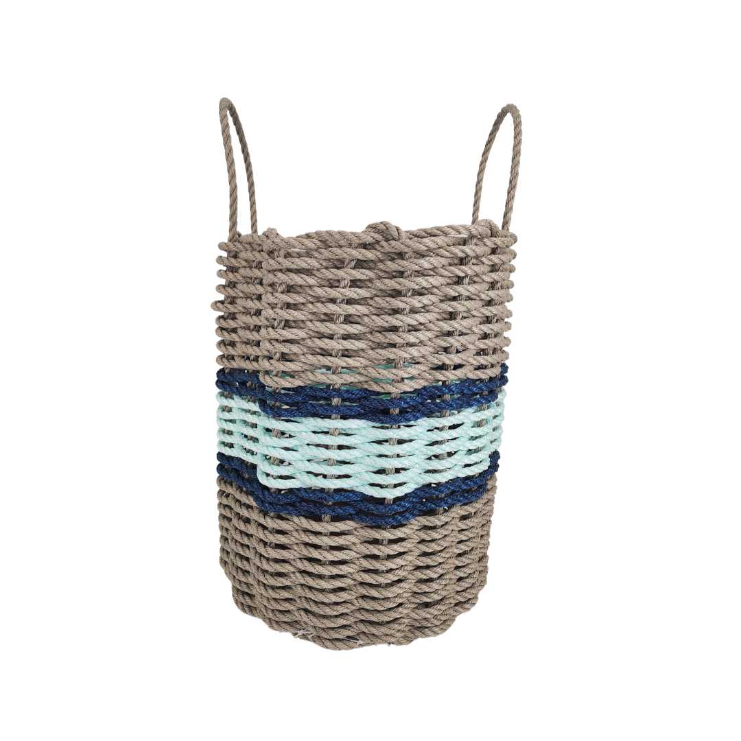 Lobster rope basket in tan and seafoam colors with navy accents, shown in multiple sizes