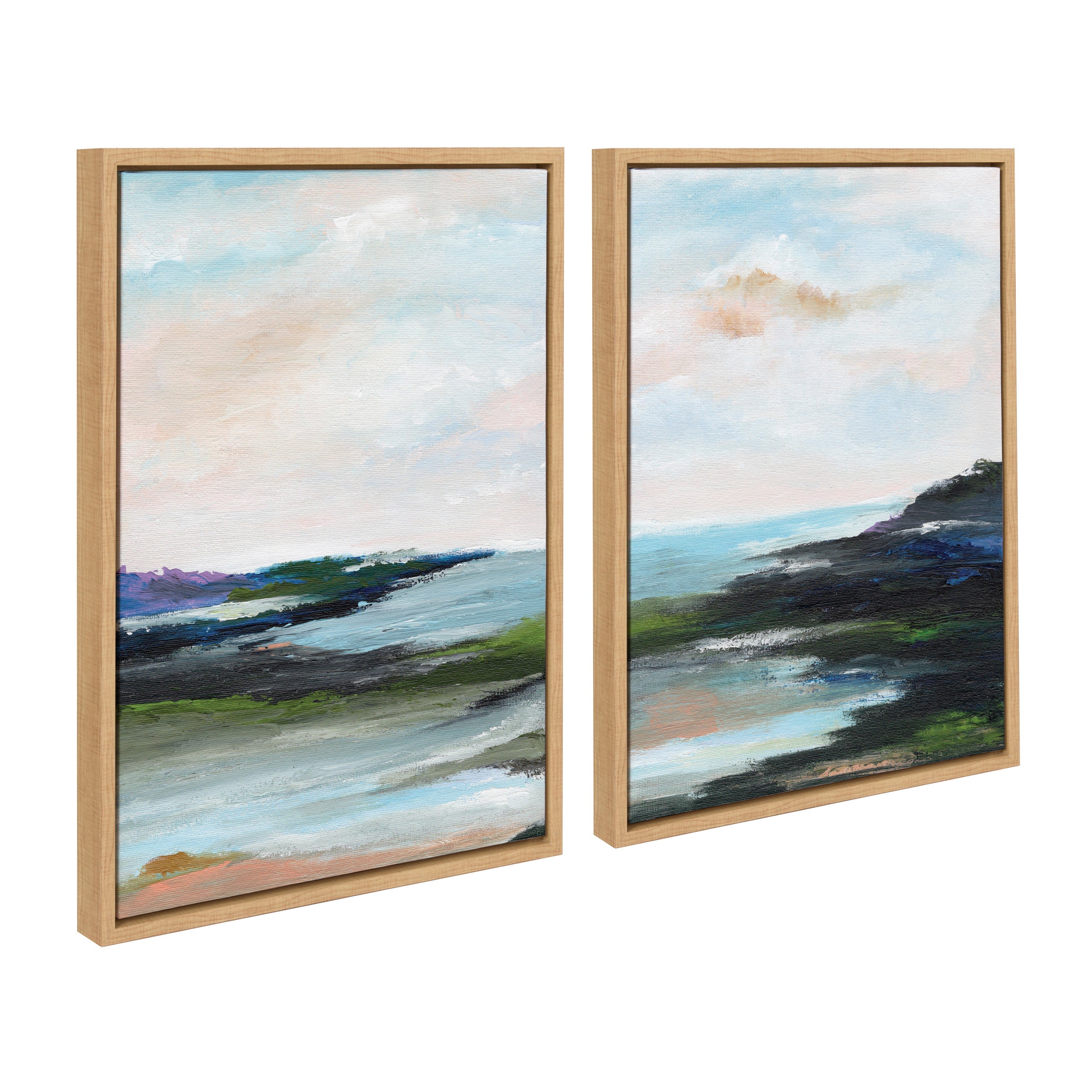 Sylvie Lake Huron l and II framed canvas art set showing rocky ocean cliffs in natural tones