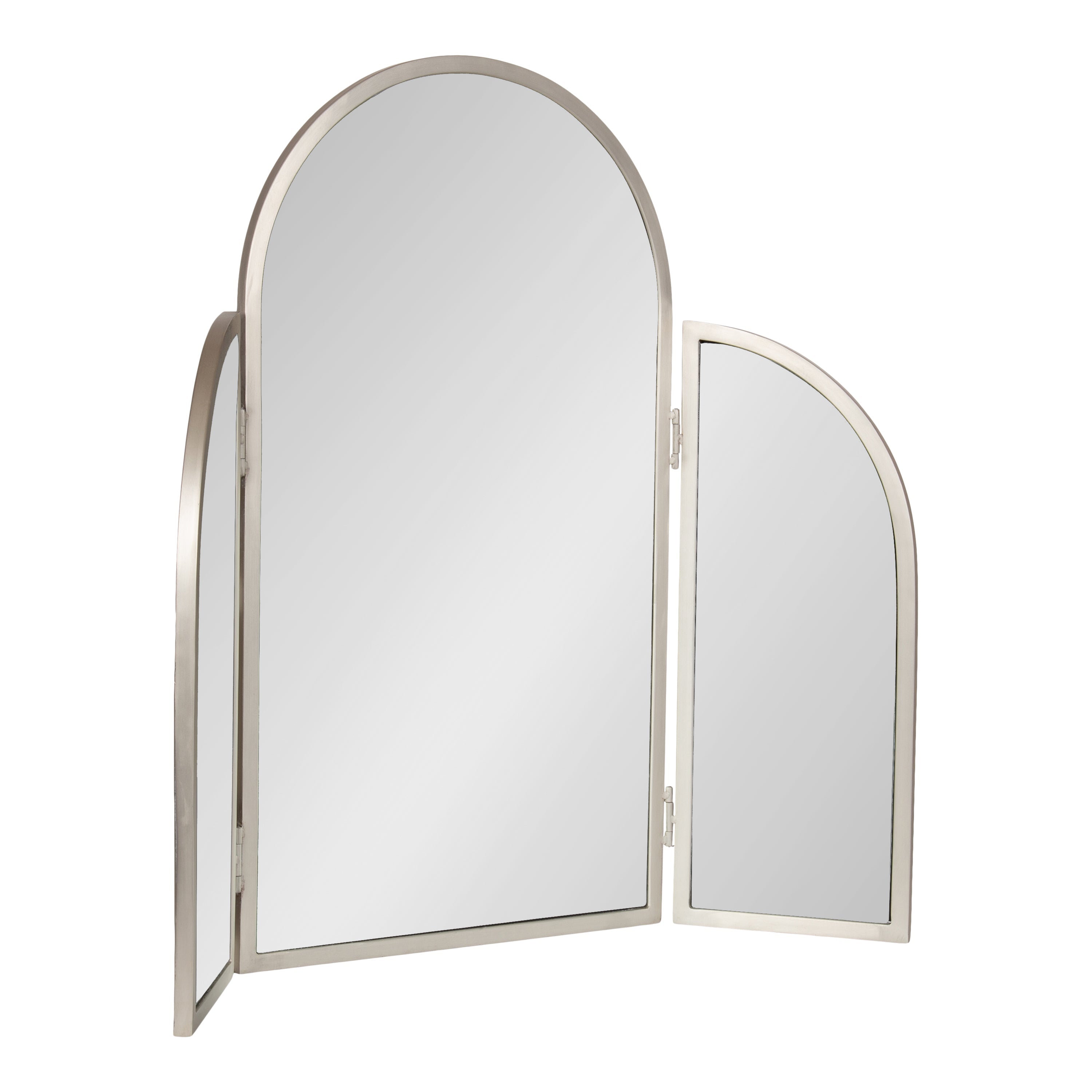 Amoli Tri-Fold Arch Metal Mirror showing three arched mirrored panels with slim silver iron frame