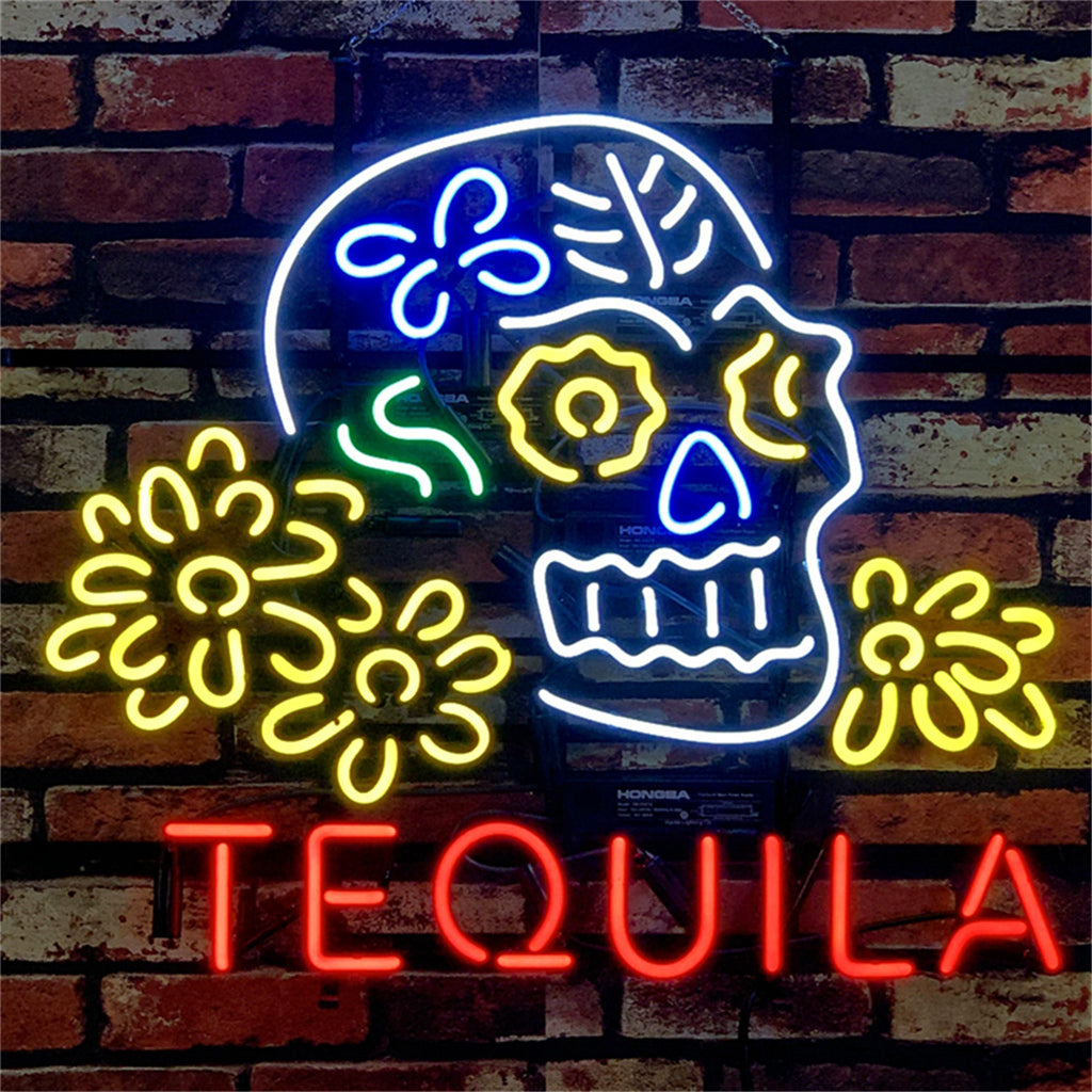 Tequila Lager Skull Bone with Flower Neon Sign Light glowing in dark room