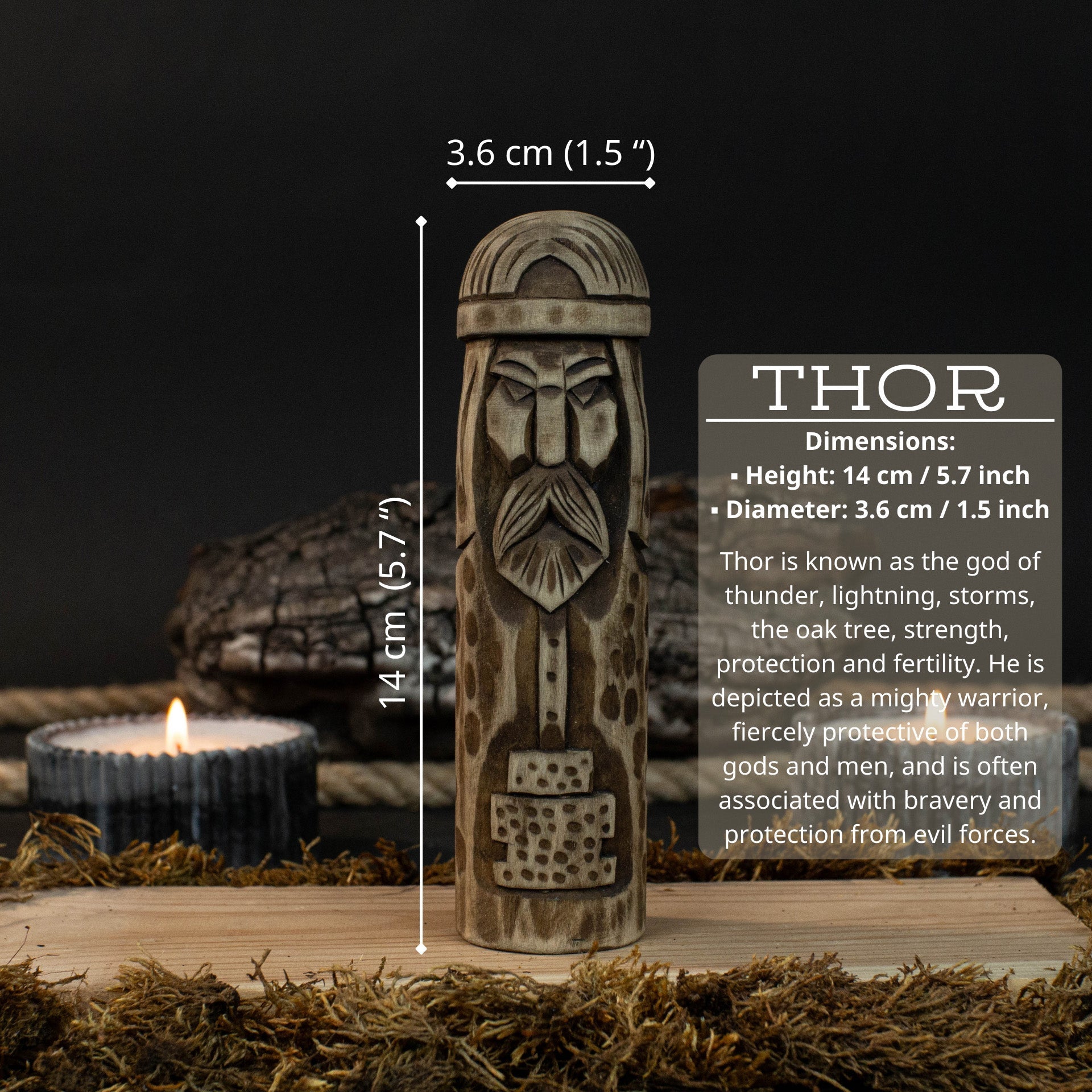 Hand-carved wooden figurine of Thor, Norse god of thunder, 14 cm tall
