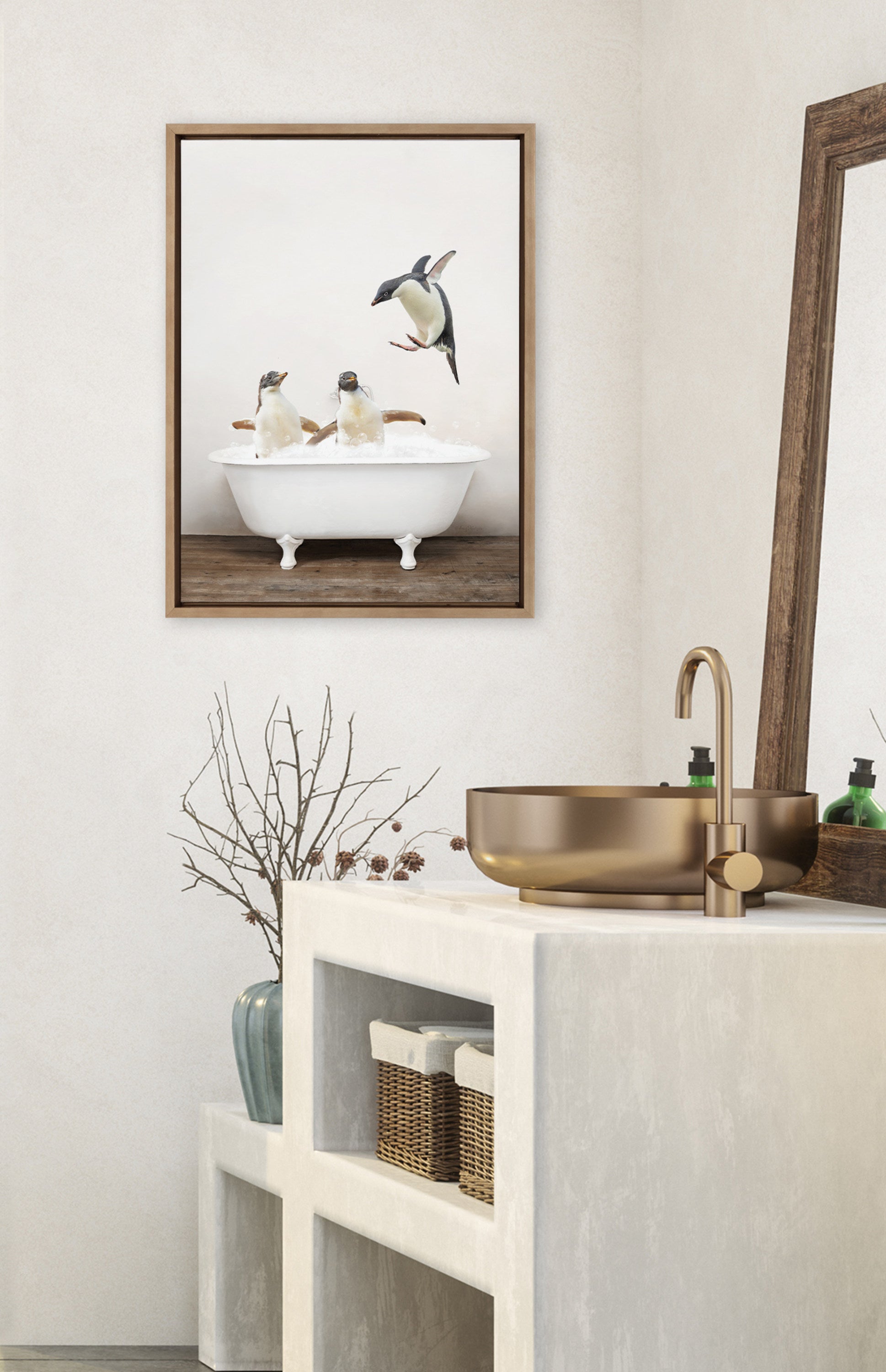 Sylvie Penguins Playing in Rustic Bath Framed Canvas by kateandlaurel - product image 10 for Resin Society