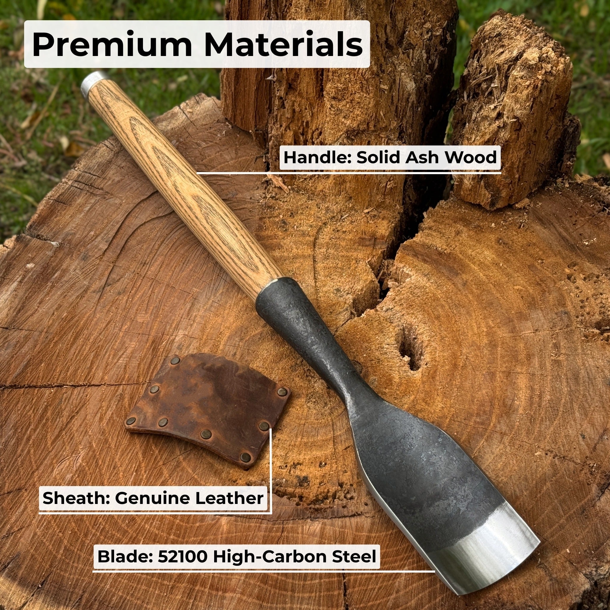 Hand-forged timber framing rounded chisel with ash handle and steel blade