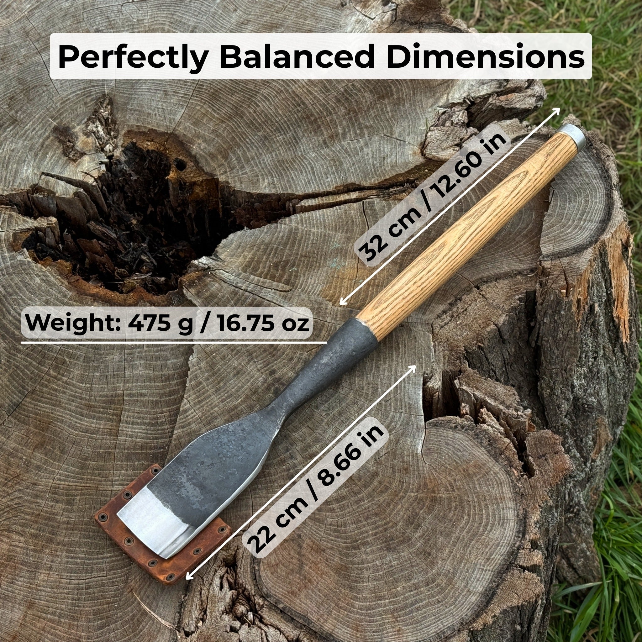 Hand-forged timber framing rounded chisel with ash handle and steel blade