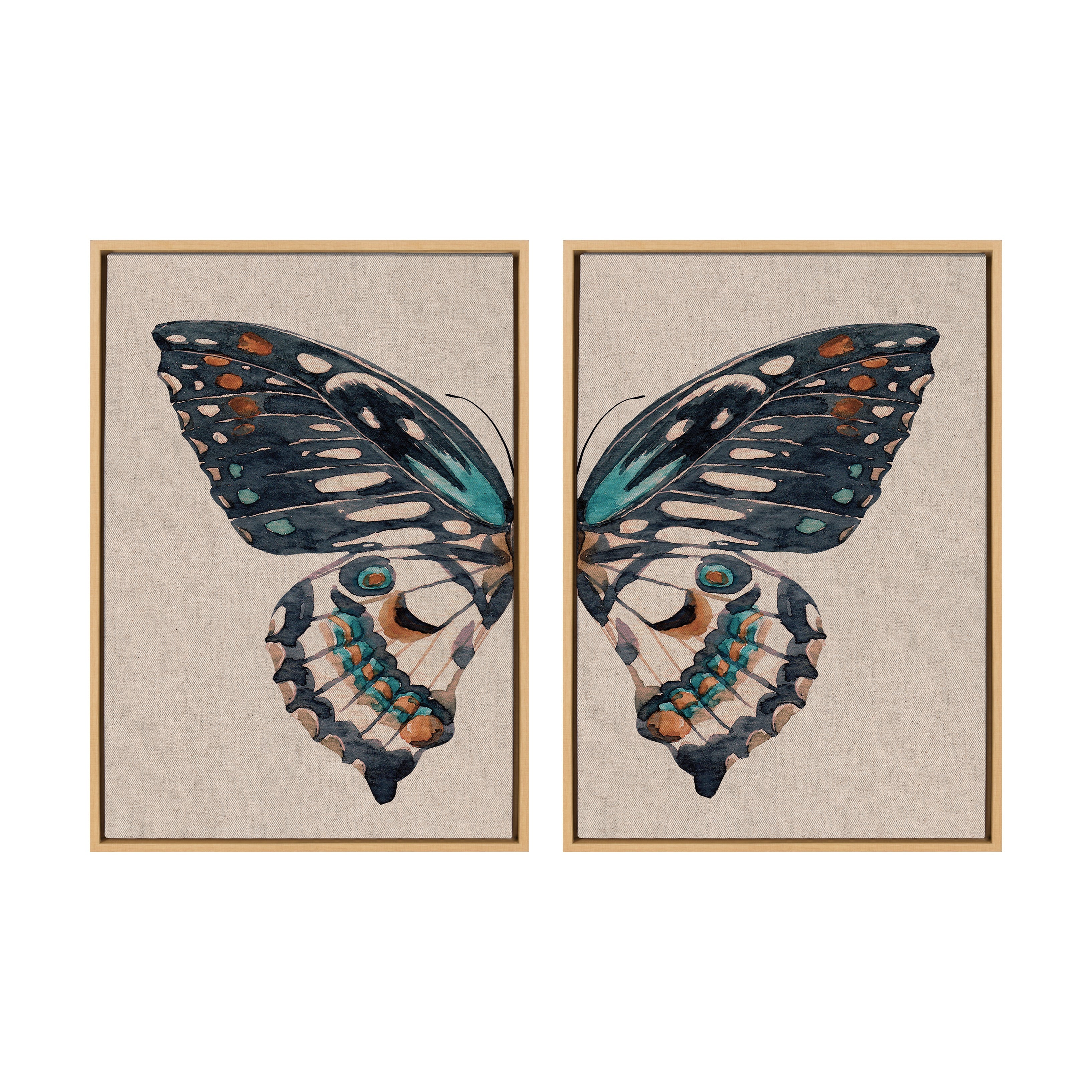 Sylvie Boho Butterfly Watercolor Diptych Neutral Linen Framed Canvas Art Set by The Creative Bunch Studio