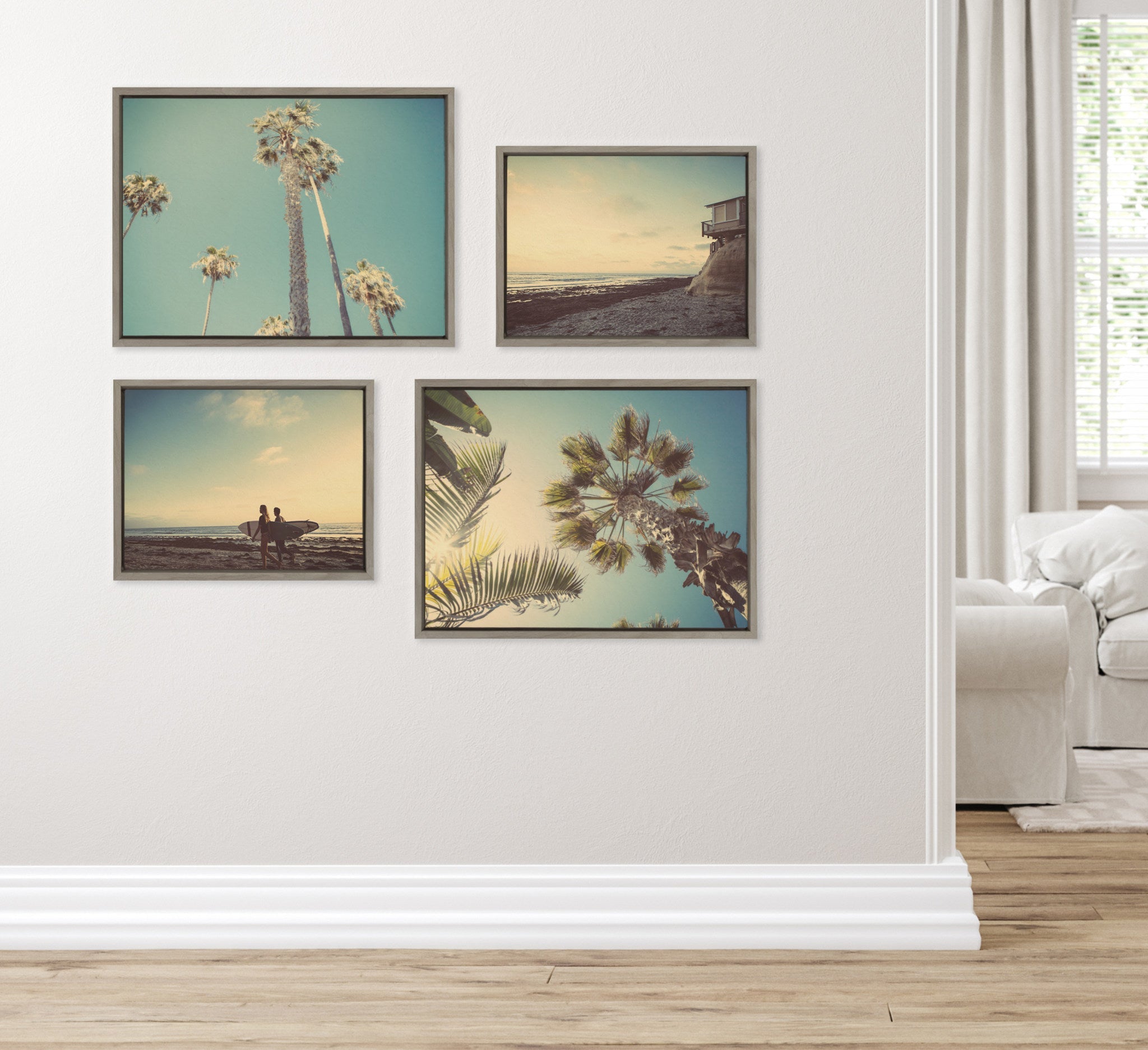 Sylvie House on Beach, Palm Trees in Lajolla, Palm Tree Sunburst and Surfers Framed Canvas Art Set