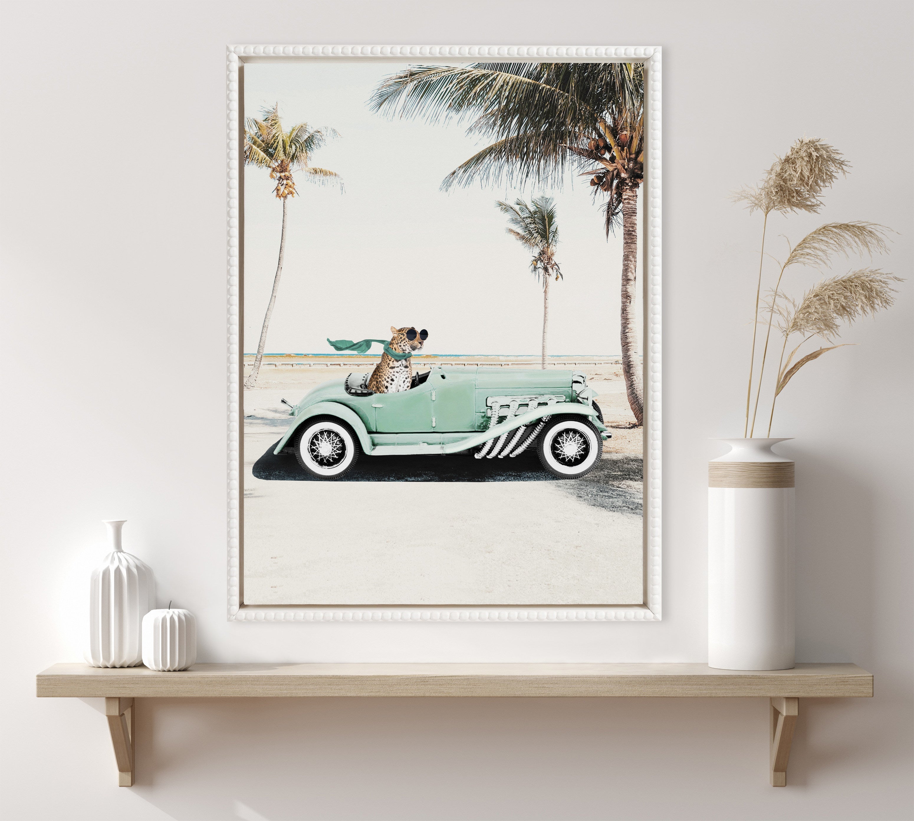 Sylvie Beaded Leopard in Car Beach Palms Framed Canvas by July Art Prints